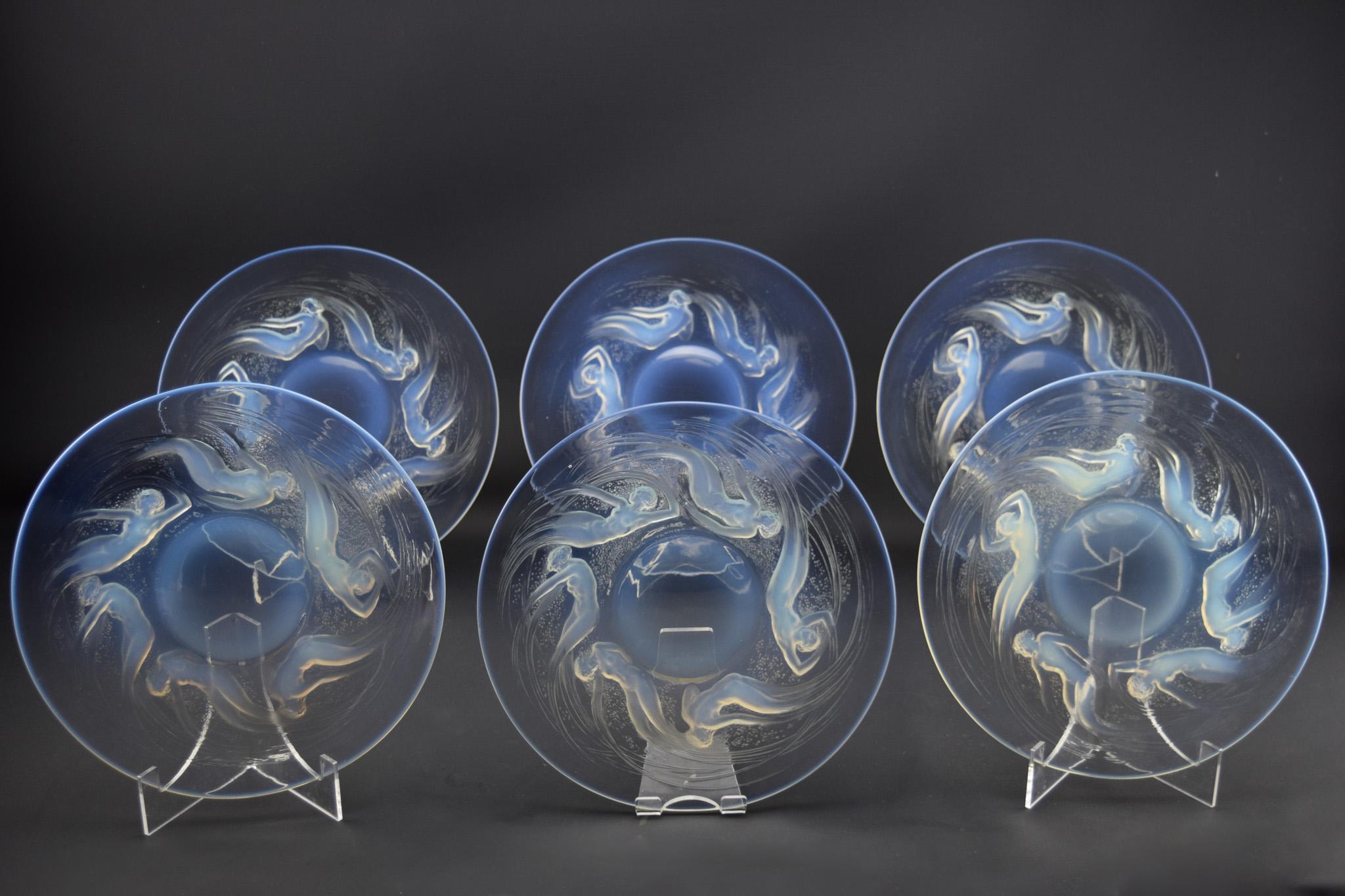 Rene Lalique set of six Art Deco Ondines opalescent glass plates C1921 For Sale 2