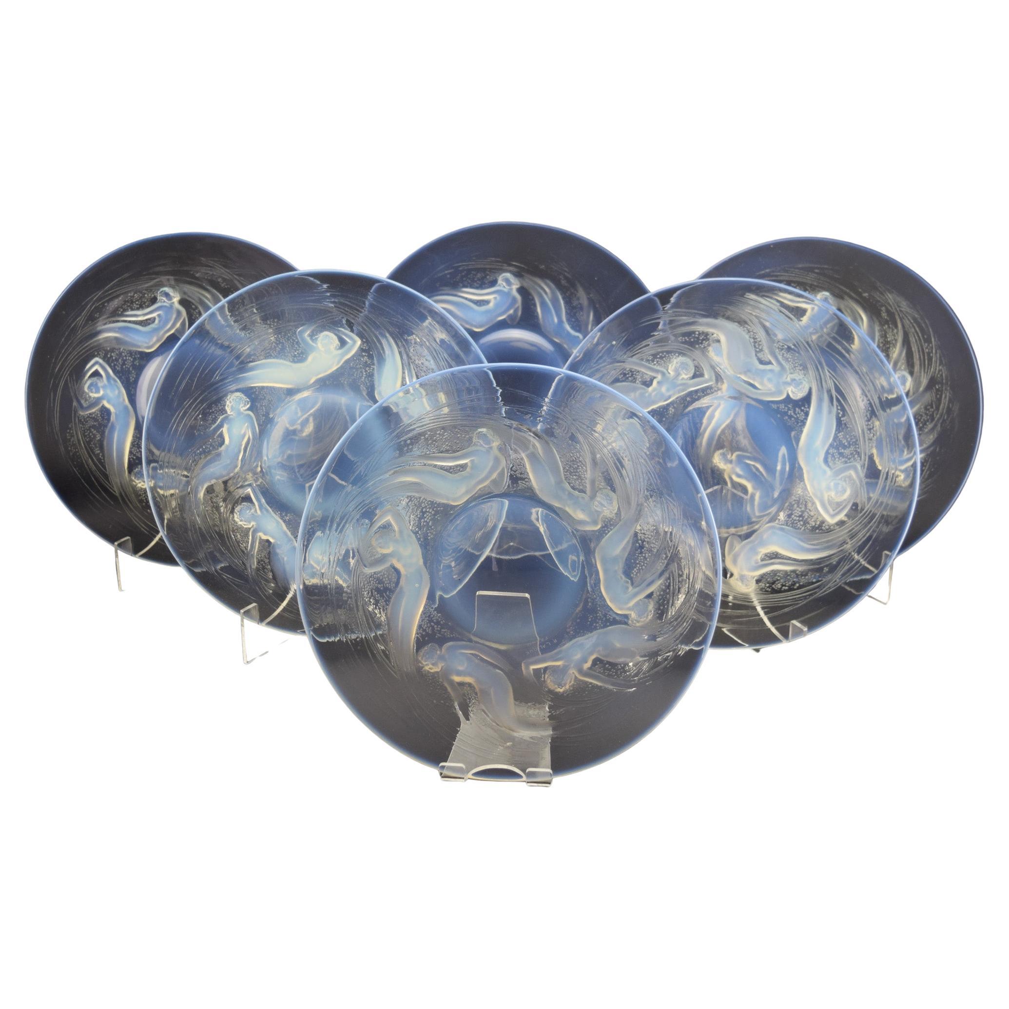 Rene Lalique set of six Art Deco Ondines opalescent glass plates C1921