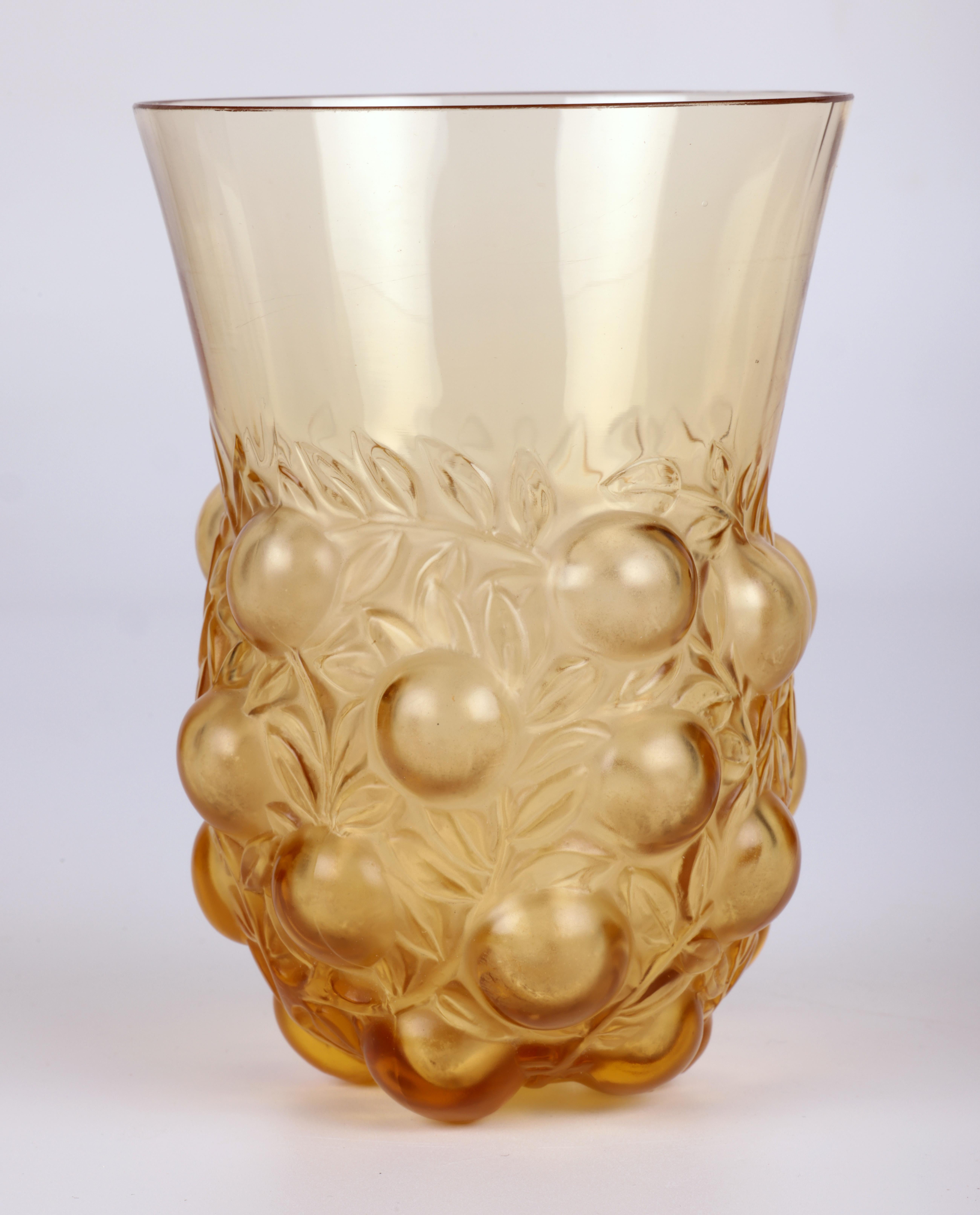 René Lalique Setubal Fruiting Foliage Amber Glass Beaker For Sale 8