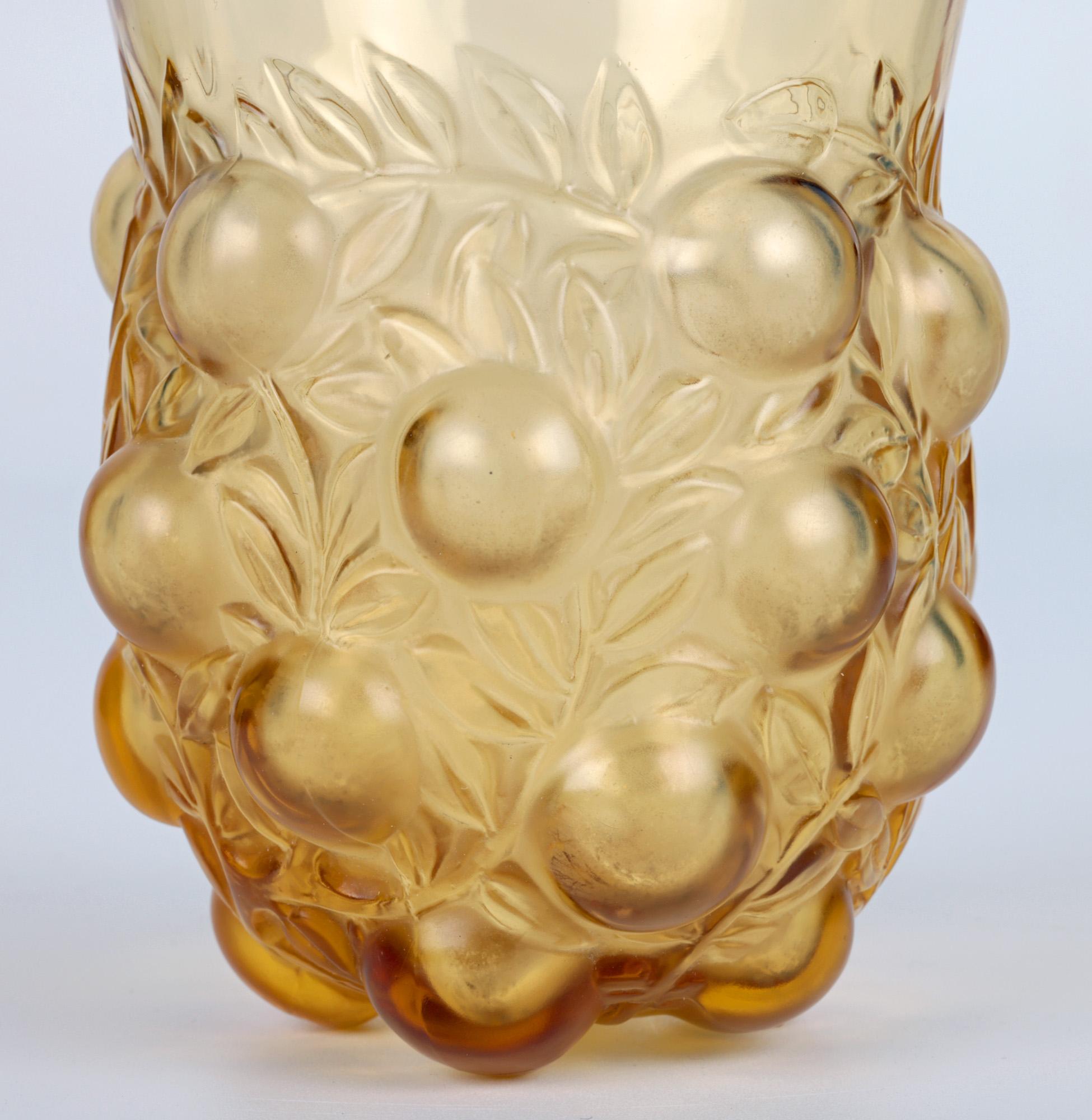 Art Deco René Lalique Setubal Fruiting Foliage Amber Glass Beaker For Sale