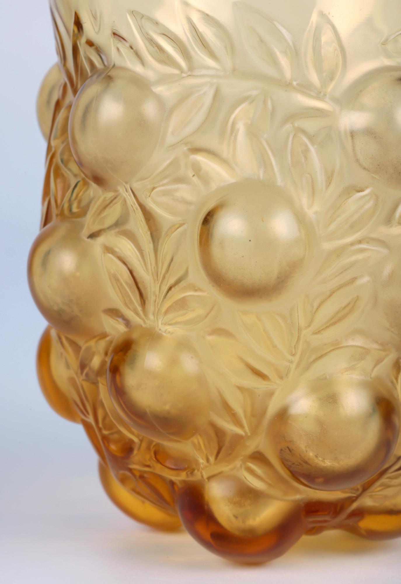 French René Lalique Setubal Fruiting Foliage Amber Glass Beaker For Sale
