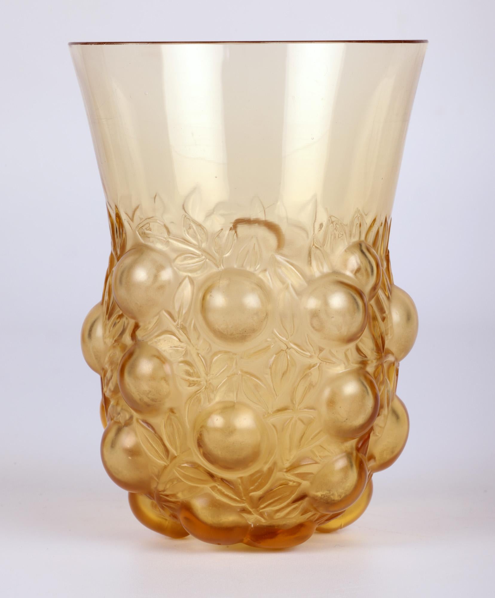 Mid-20th Century René Lalique Setubal Fruiting Foliage Amber Glass Beaker For Sale