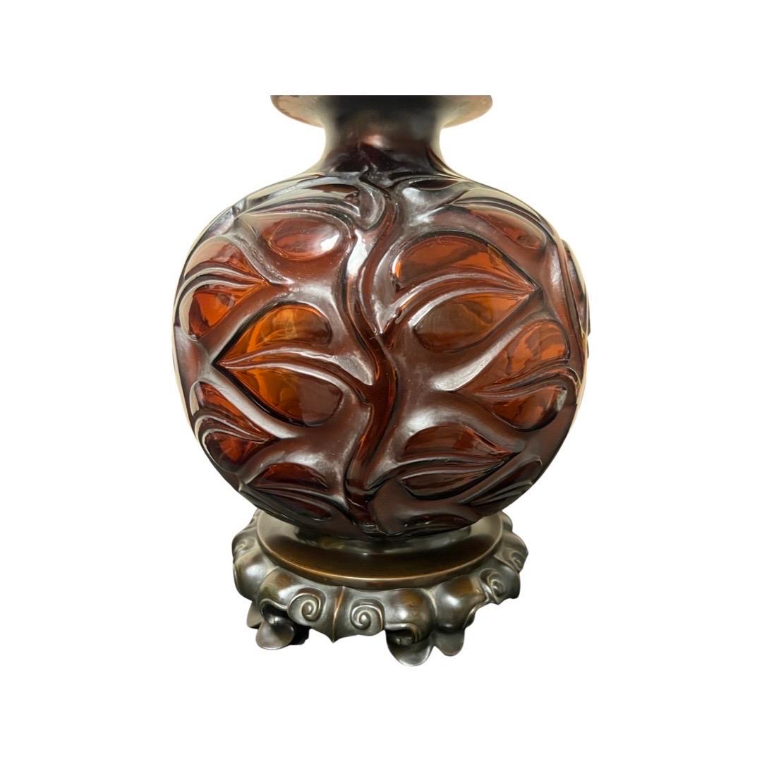 Rene Lalique “Sophora” Amber Glass & Bronze Mounted Table Lamp, circa 1926 For Sale 4