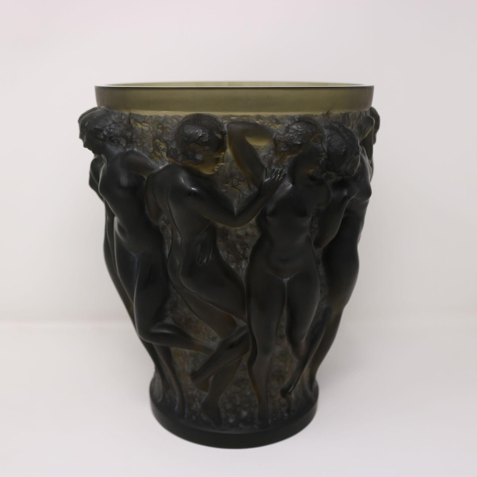 French Rene Lalique Topaz Glass Bacchantes Vase For Sale