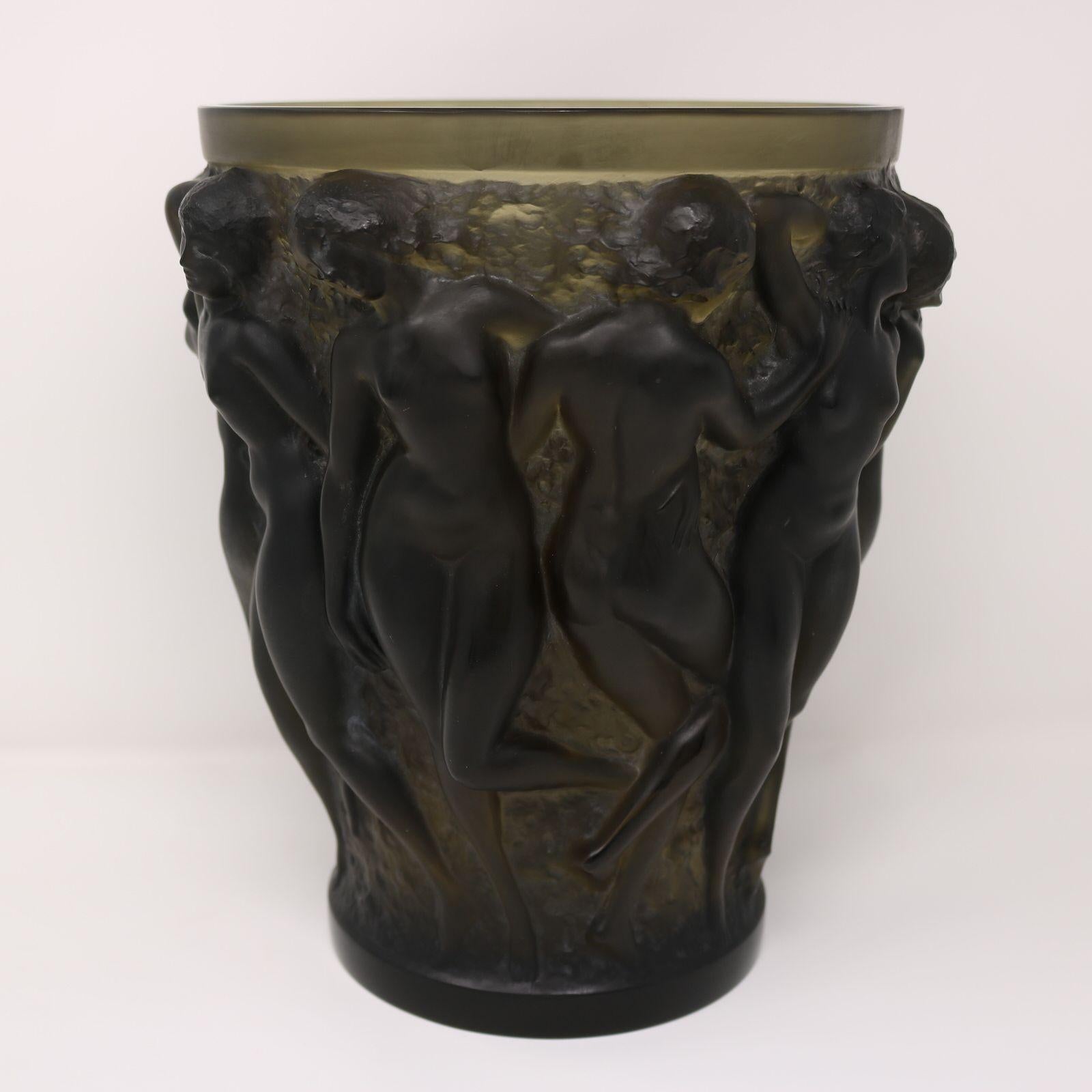 Rene Lalique Topaz Glass Bacchantes Vase In Excellent Condition In Chelmsford, Essex