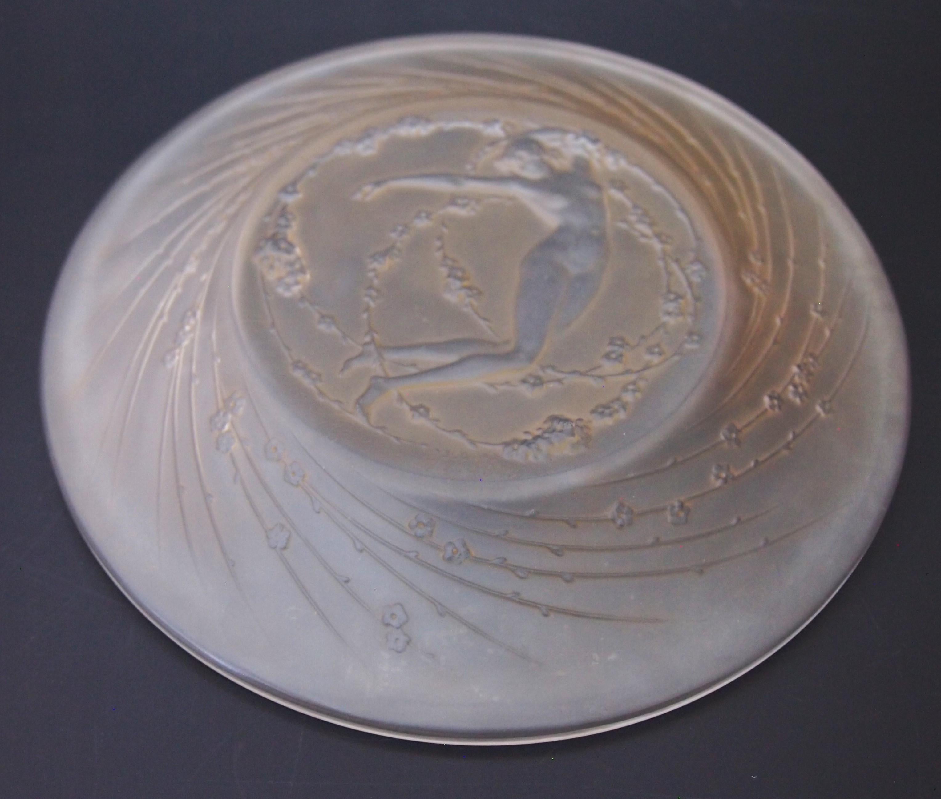 Rene Lalique 'Une Figurine et Fleur' plate signed c1920 -original sepia staining In Good Condition For Sale In Worcester Park, GB