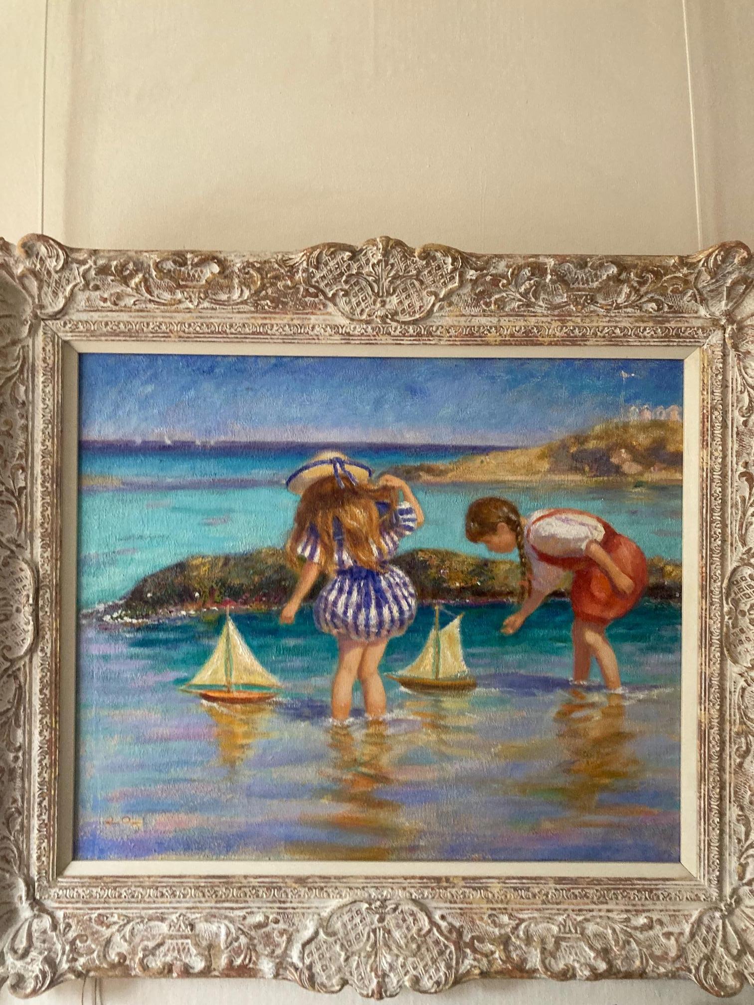 « La mise en scène des bateaux » (Au bord de la mer) - Impressionnisme Painting par Rene Legrand