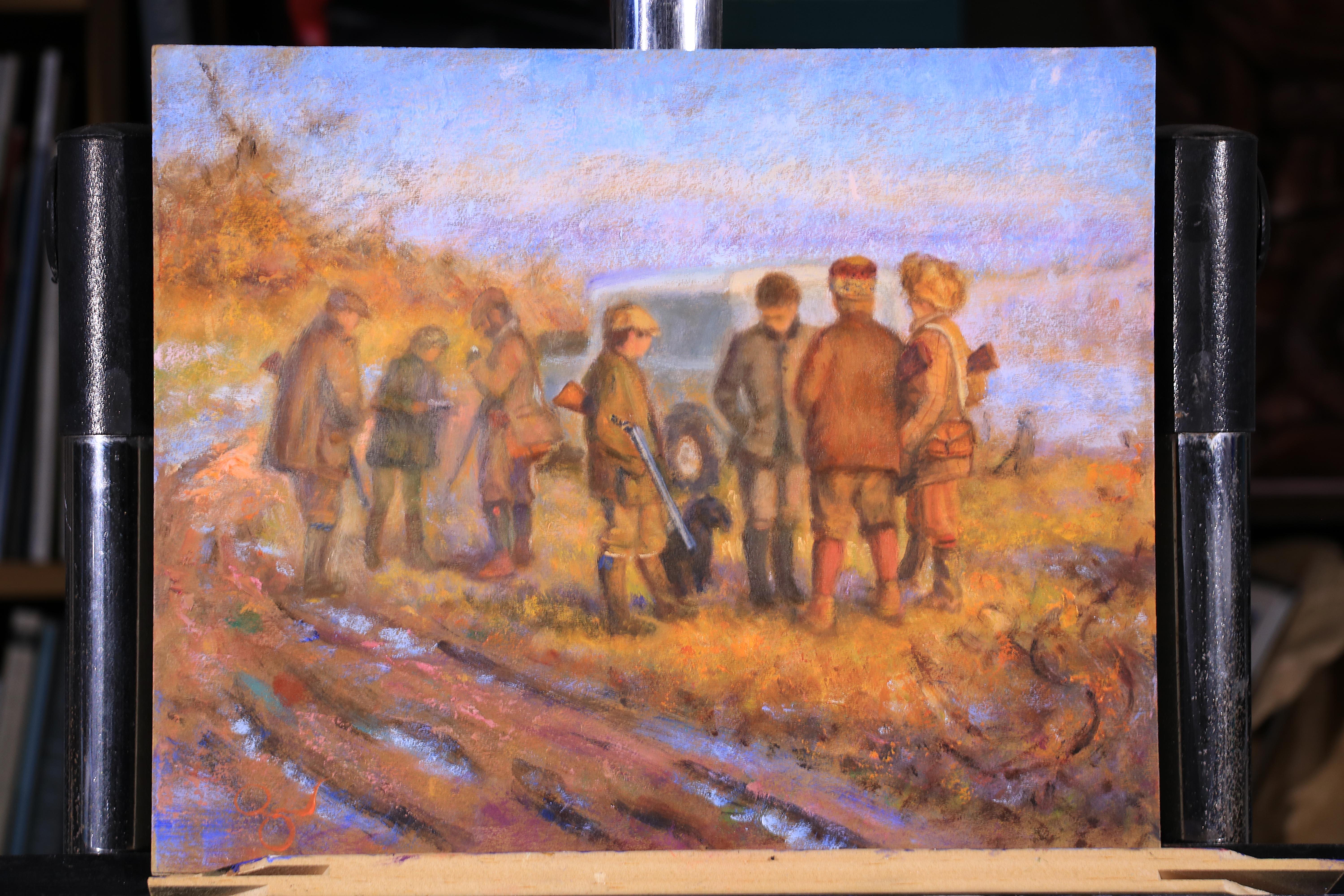 Rene Legrand Figurative Painting - "Pheasant Shoot Scotland, Guns at the Ready" oil painting