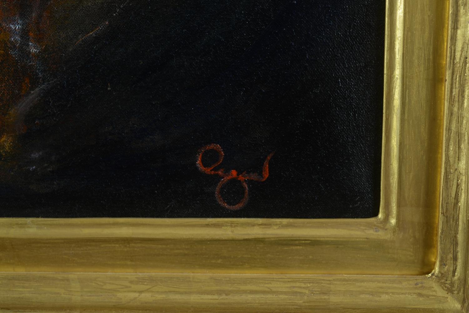 Ritratto figurativo moderno di signora in abito rosso in stile impressionista - Figurative Painting Nero di Rene Legrand