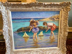 Modern Impressionist Beach Scene Oil Painting Children playing at the Seaside