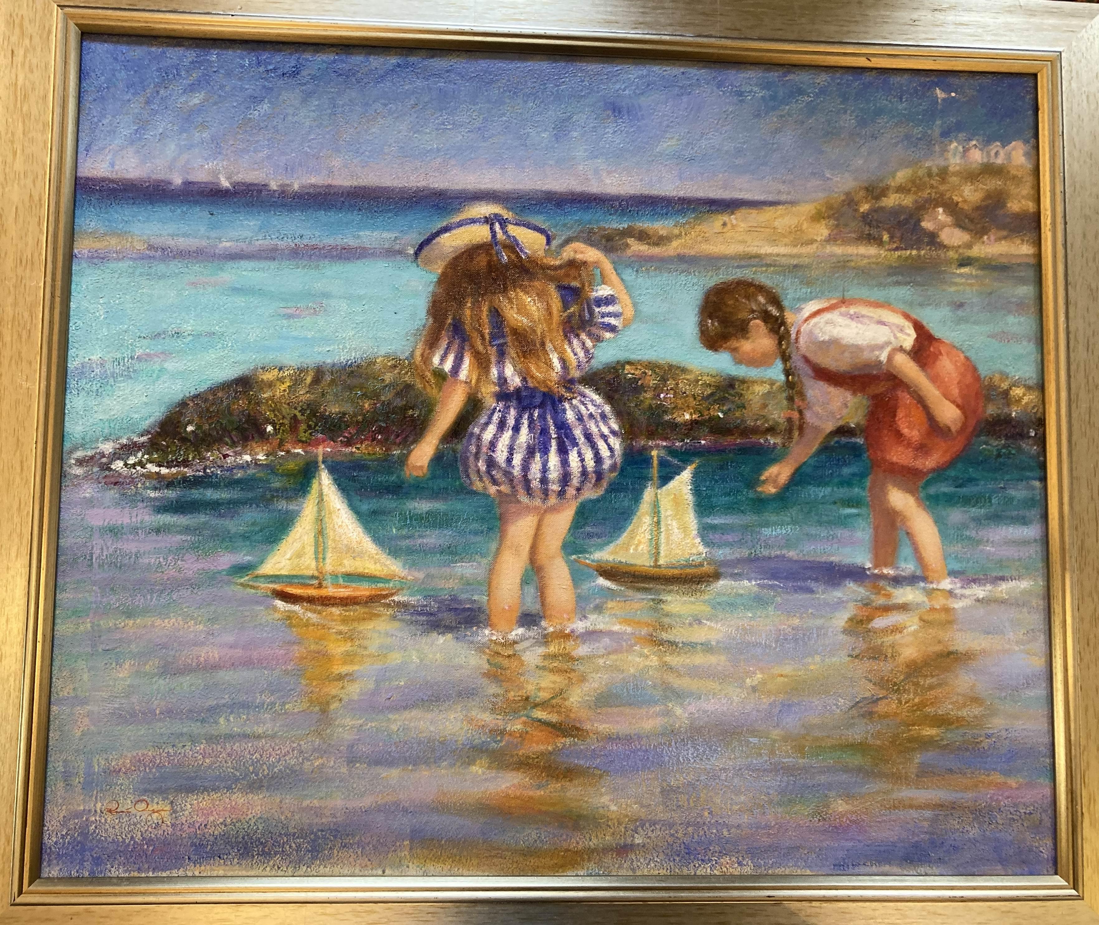 Rene Legrand - Children playing on the beach at the Seaside Framed oil  Painting For Sale at 1stDibs