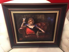 Traditional style Contemporary Figurative Oil of  Beautiful Lady in Black Dress