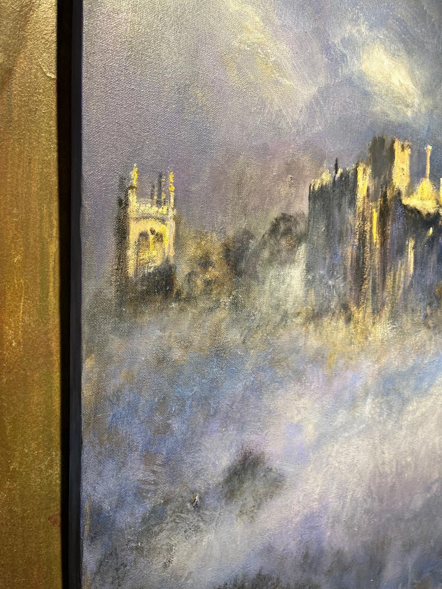 Large Oil of Ludlow Castle, Shropshire misty scene, stormy sky church in view - Painting by Rene Legrand
