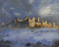 Großes Ölgemälde von Ludlow Castle, Nebelszene in Shropshire, stürmische Himmelskirche mit Blick auf dem Himmel