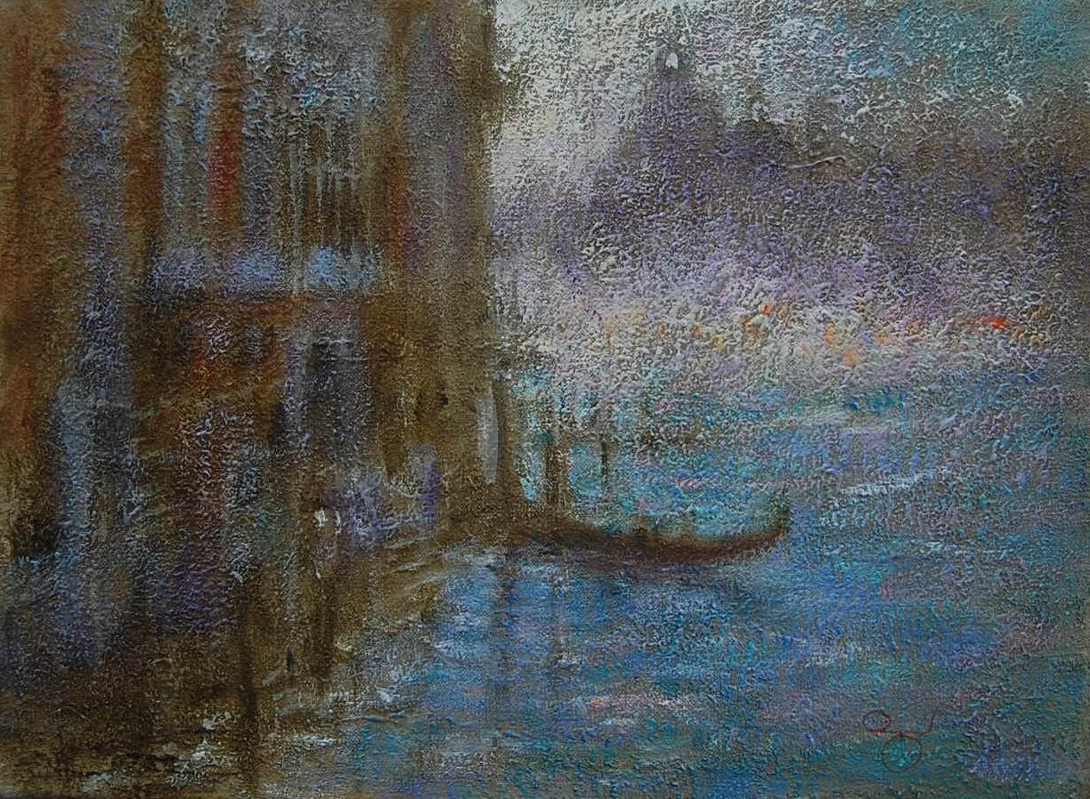  Paläste am Canal Grande, Venedig Italien bei Nacht  Großes impressionistisches Ölgemälde, gerahmt (Impressionismus), Art, von Rene Legrand