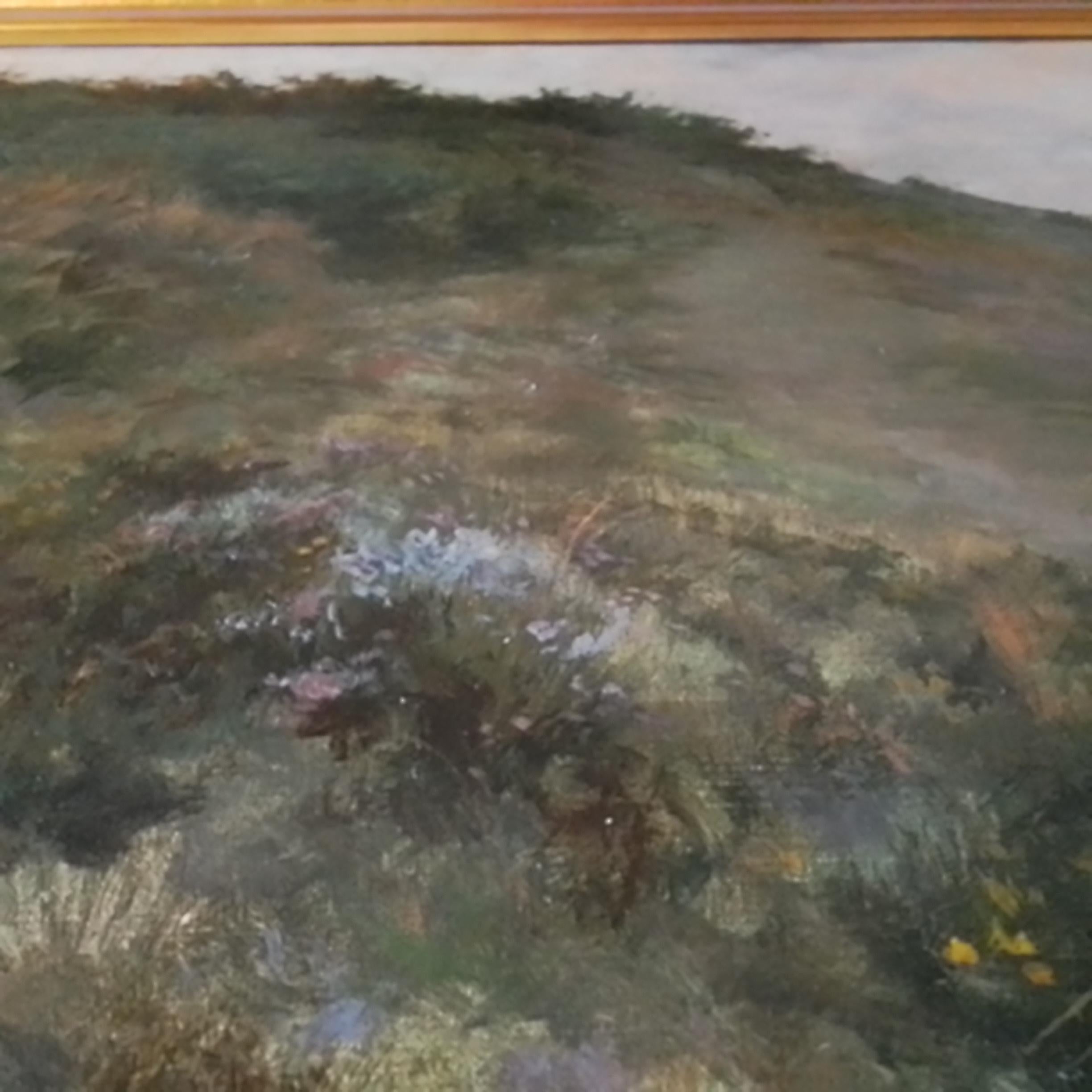 Óleo francés vintage de René Lelong- Dama en un camino junto al océano en venta 10