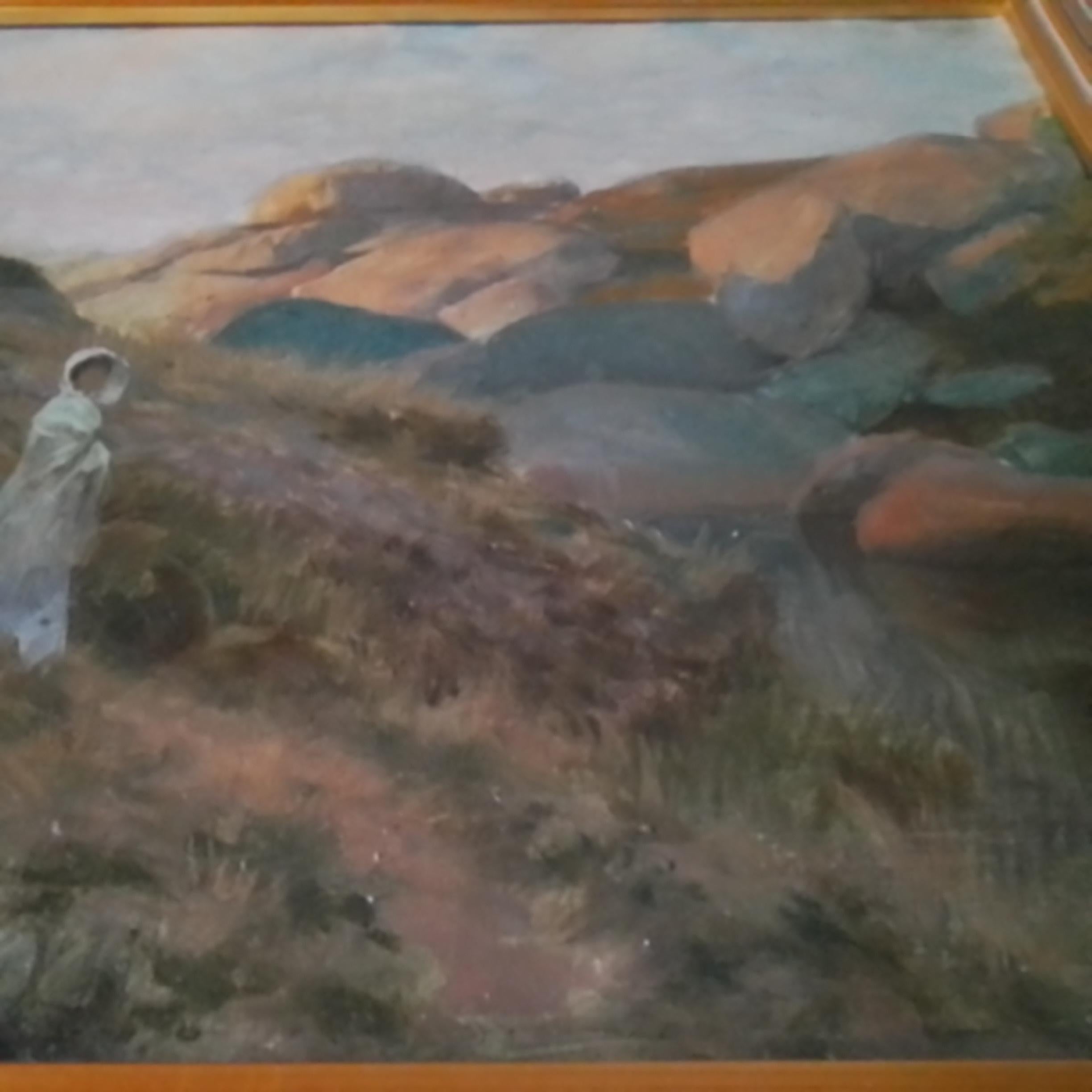 Óleo francés vintage de René Lelong- Dama en un camino junto al océano en venta 7