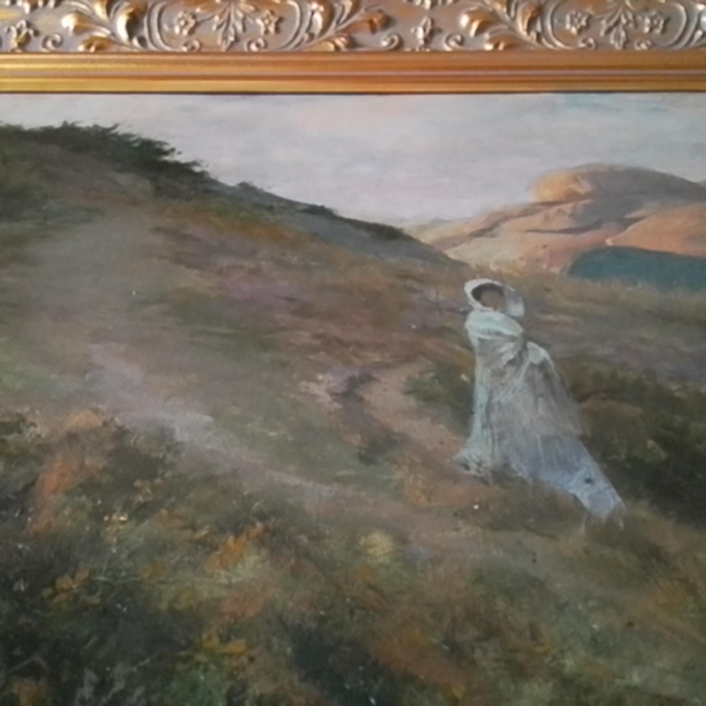 Óleo francés vintage de René Lelong- Dama en un camino junto al océano en venta 8