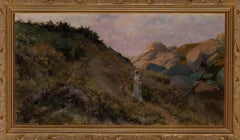 Huile d'époque de René Lelong- Dame sur un chemin au bord de l'océan