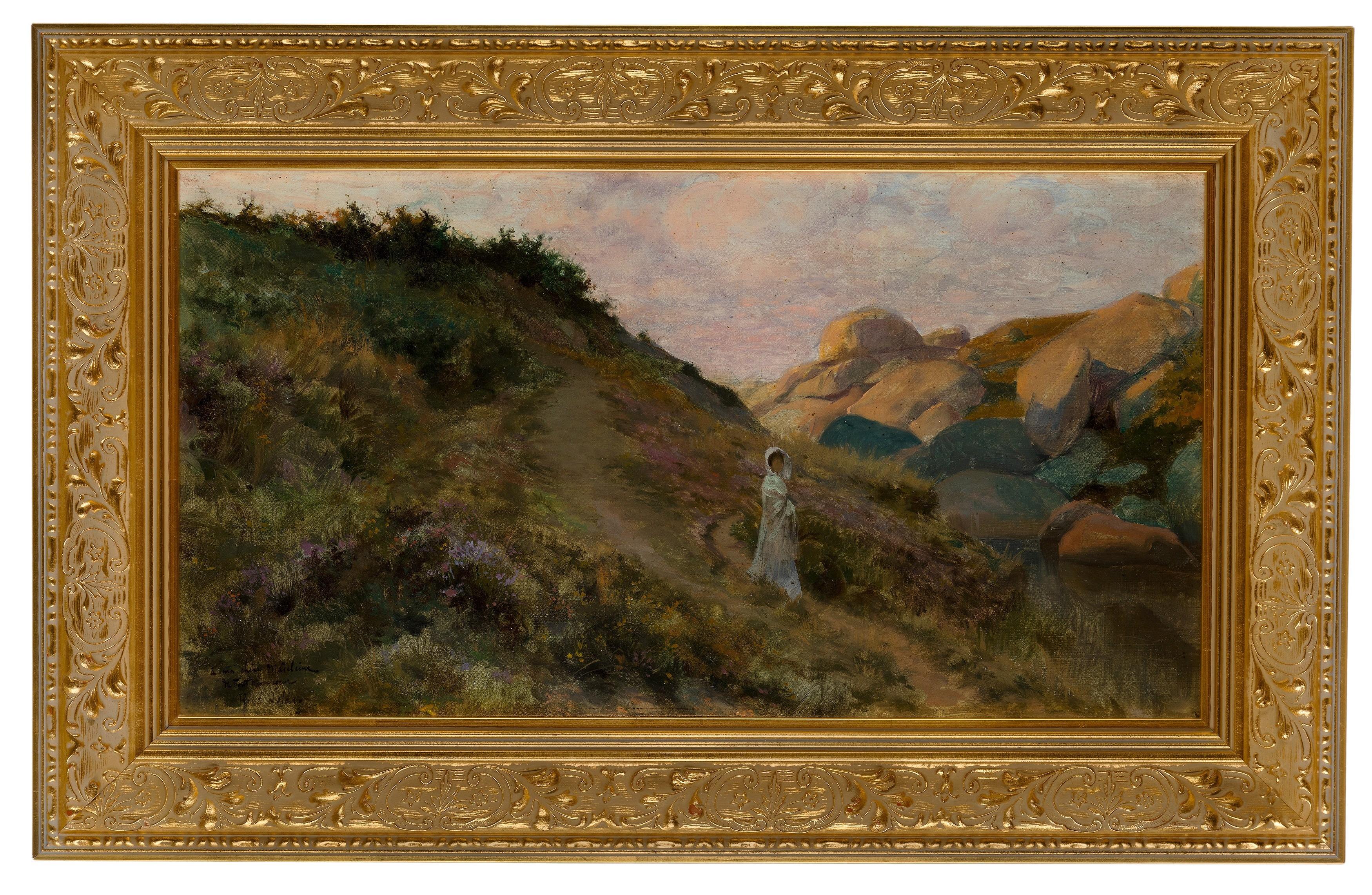 Óleo francés vintage de René Lelong- Dama en un camino junto al océano en venta 2