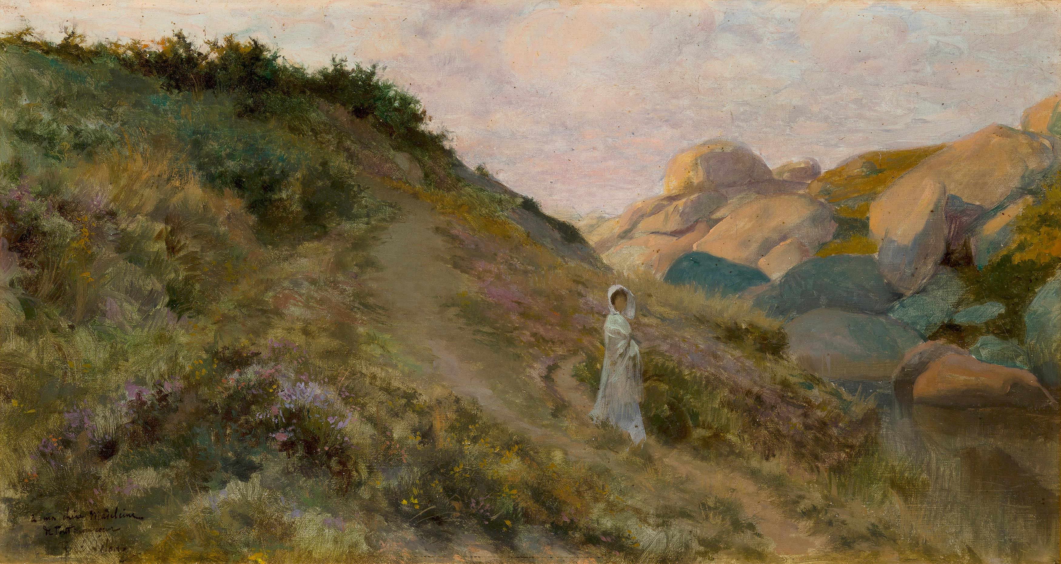 Óleo francés vintage de René Lelong- Dama en un camino junto al océano en venta 3