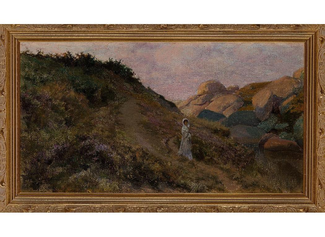 Altfranzösisches Öl von René Lelong - Dame auf einem Weg am Meer