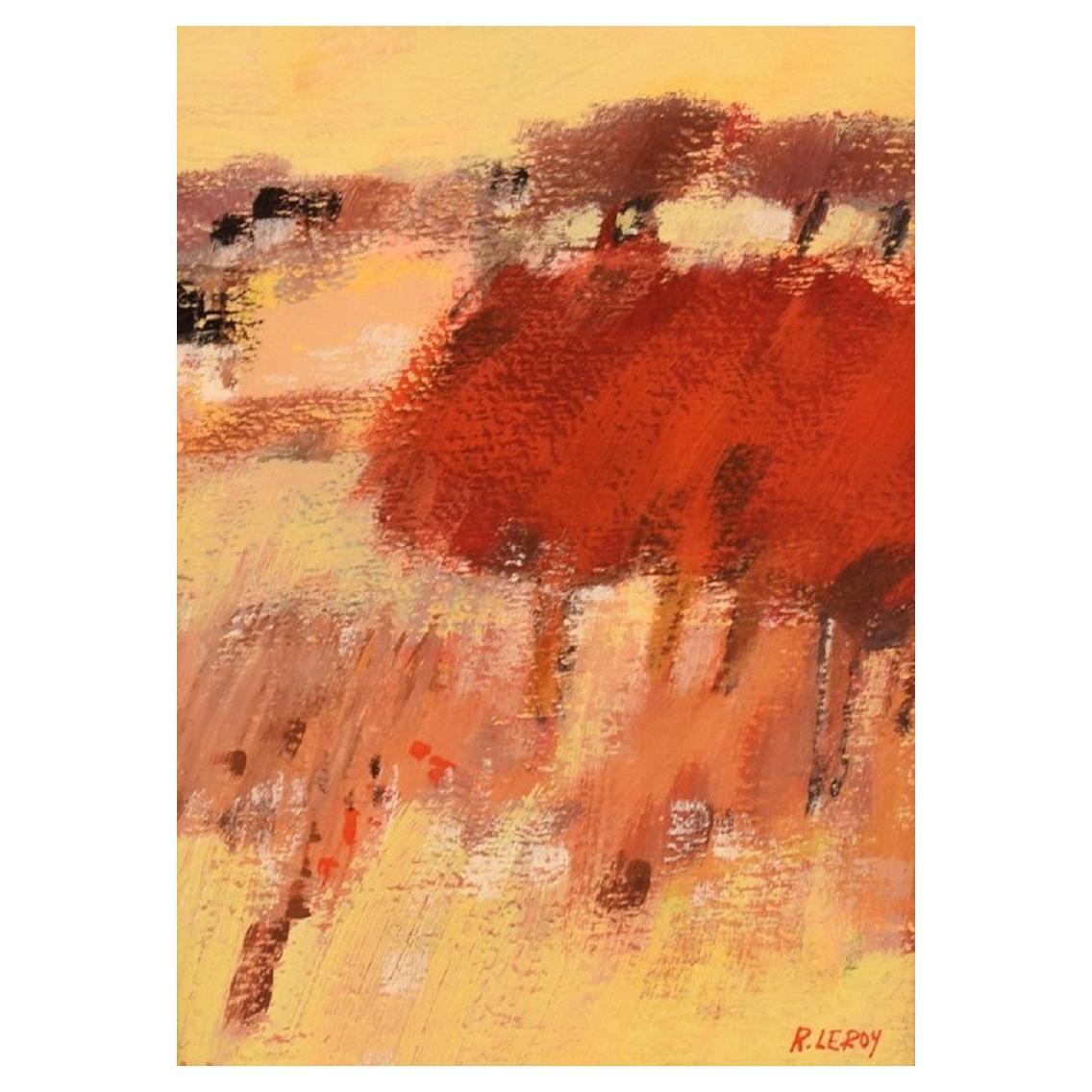 René Leroy, French Artist, Pastel on Paper, "Red Countryside" For Sale