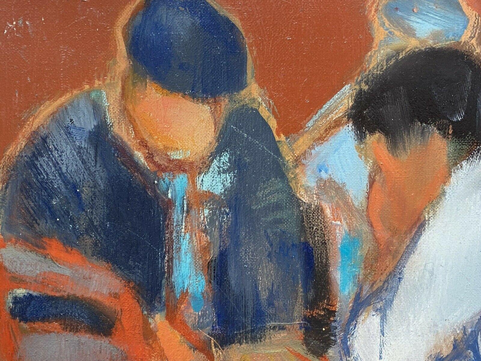 Rene Leroy, French Modernist Oil Painting, Figures Hunched over Board Game In Excellent Condition For Sale In Cirencester, GB
