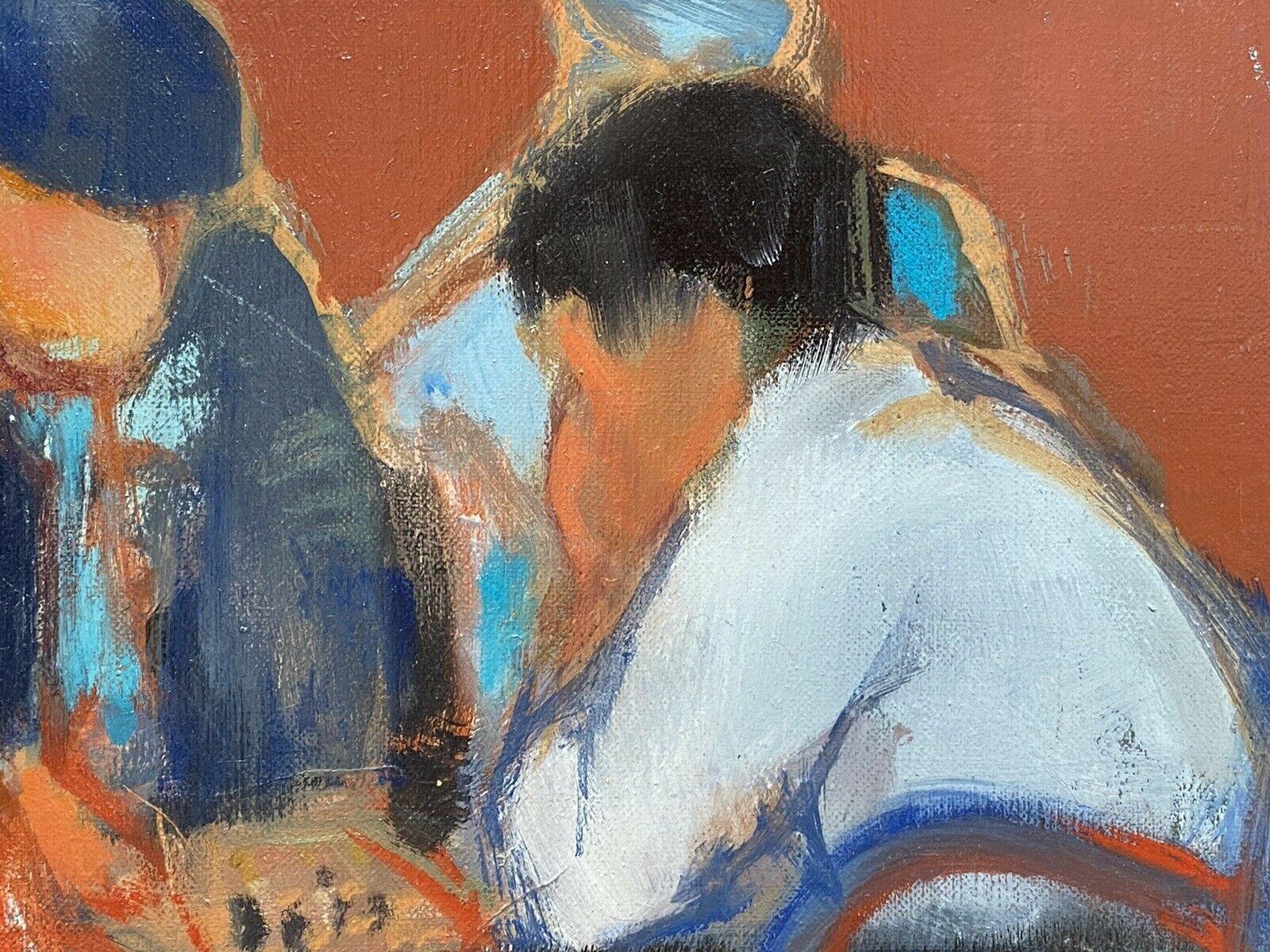Contemporary Rene Leroy, French Modernist Oil Painting, Figures Hunched over Board Game For Sale
