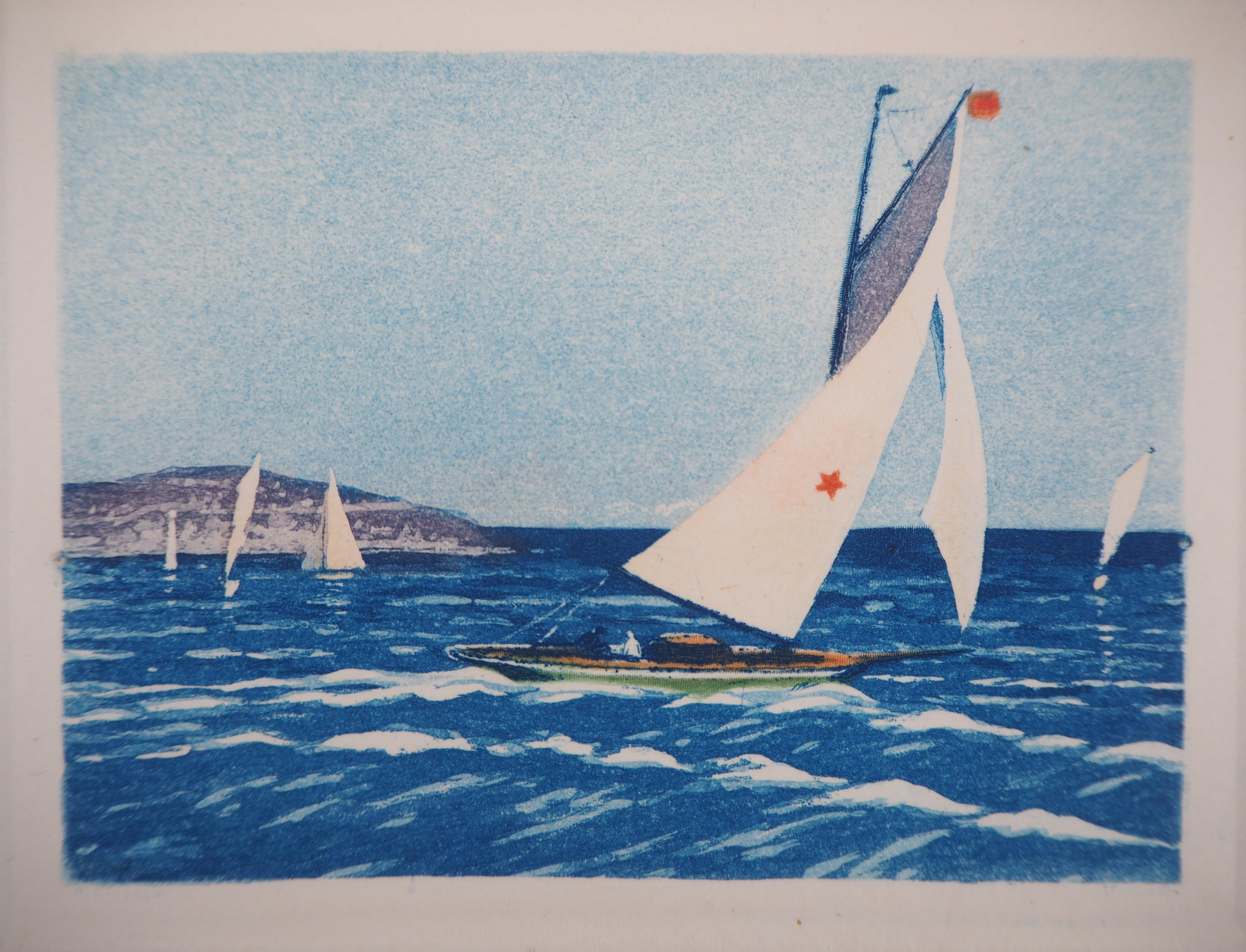 Atlantic: Regatta von Segelbooten – Original-Radierung (Art déco), Print, von René Ligeron