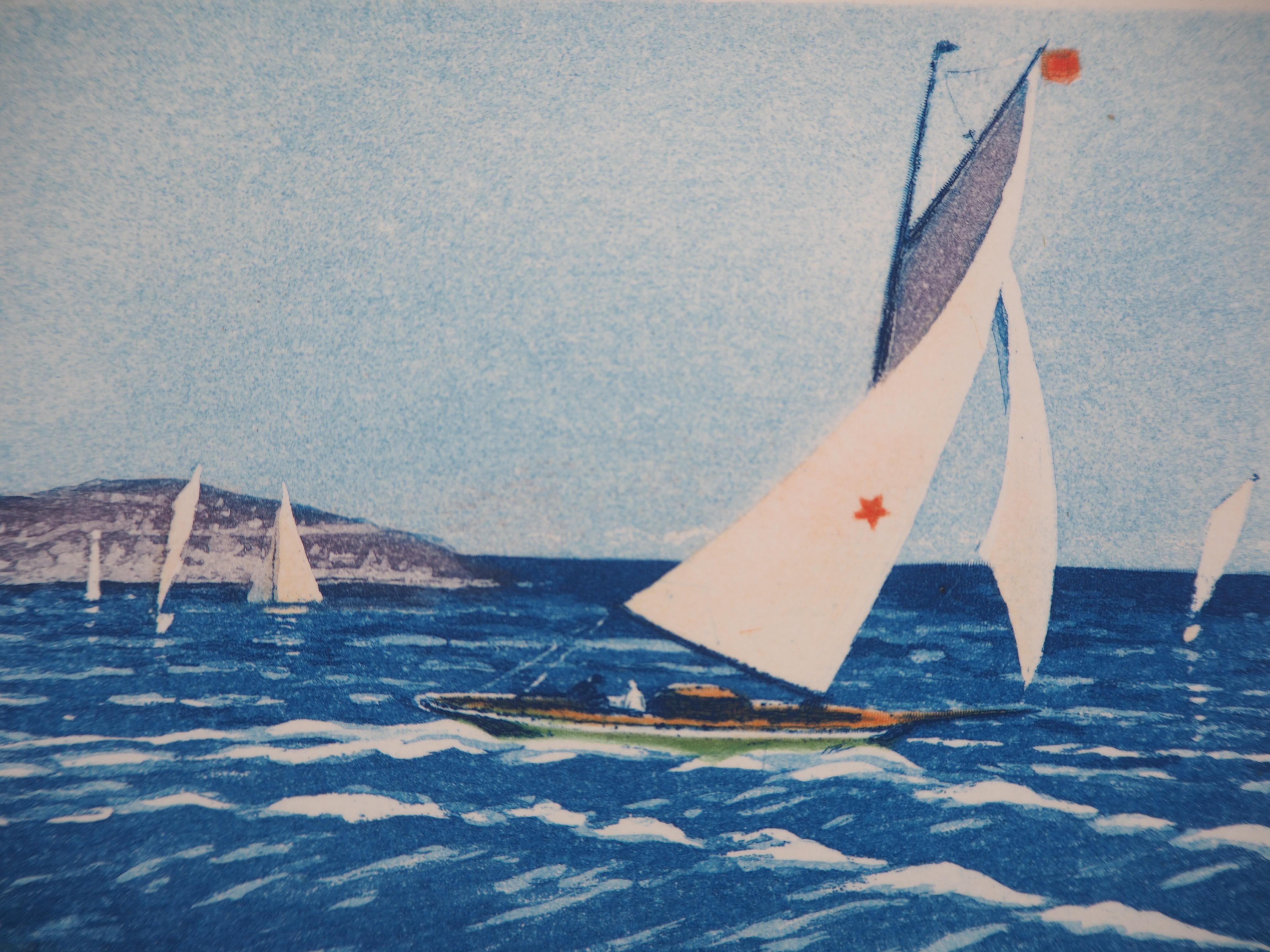 Atlantic: Regatta von Segelbooten – Original-Radierung (Grau), Landscape Print, von René Ligeron