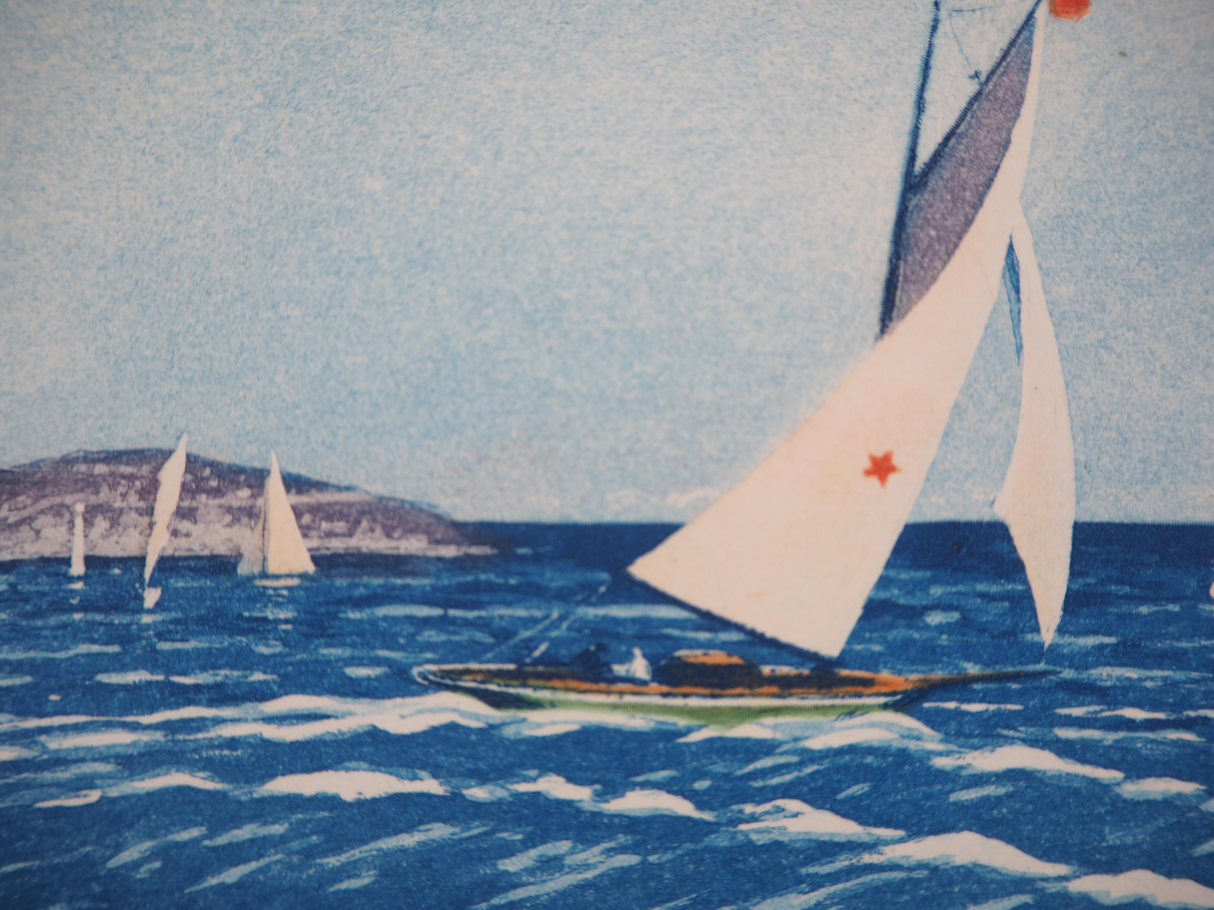 Rene LIGERON
Atlantic : Regatta of Sailboats

Original etching and stencil
Printed signature in the plate (pale)
On vellum 11 x 29 cm (c. 4.5 x 12 in)

Ausgezeichneter Zustand