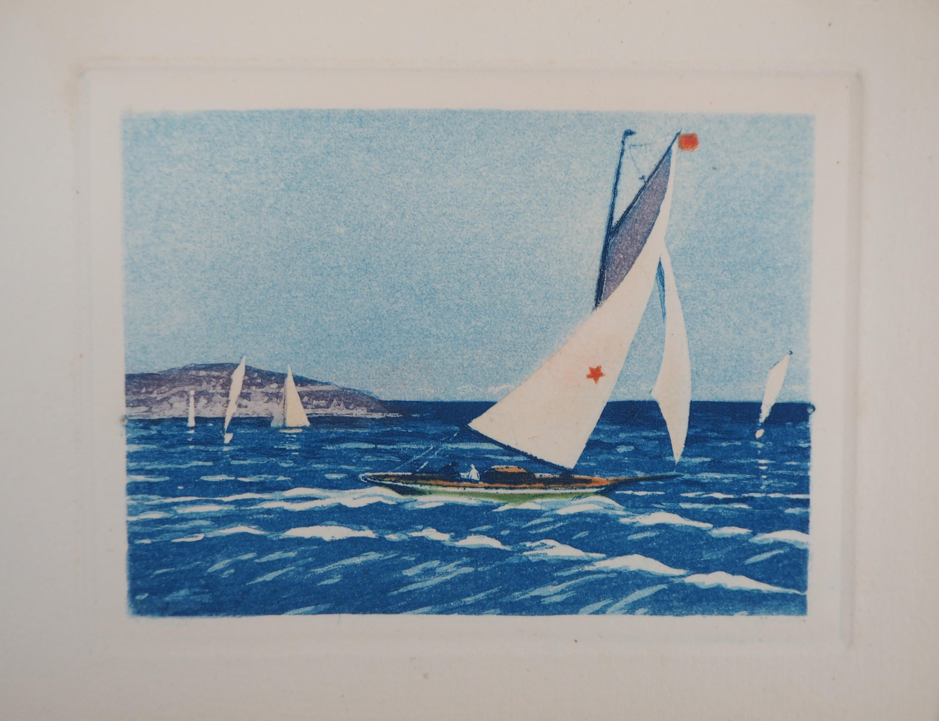 René Ligeron Landscape Print - Atlantic : Regatta of Sailboats - Original etching