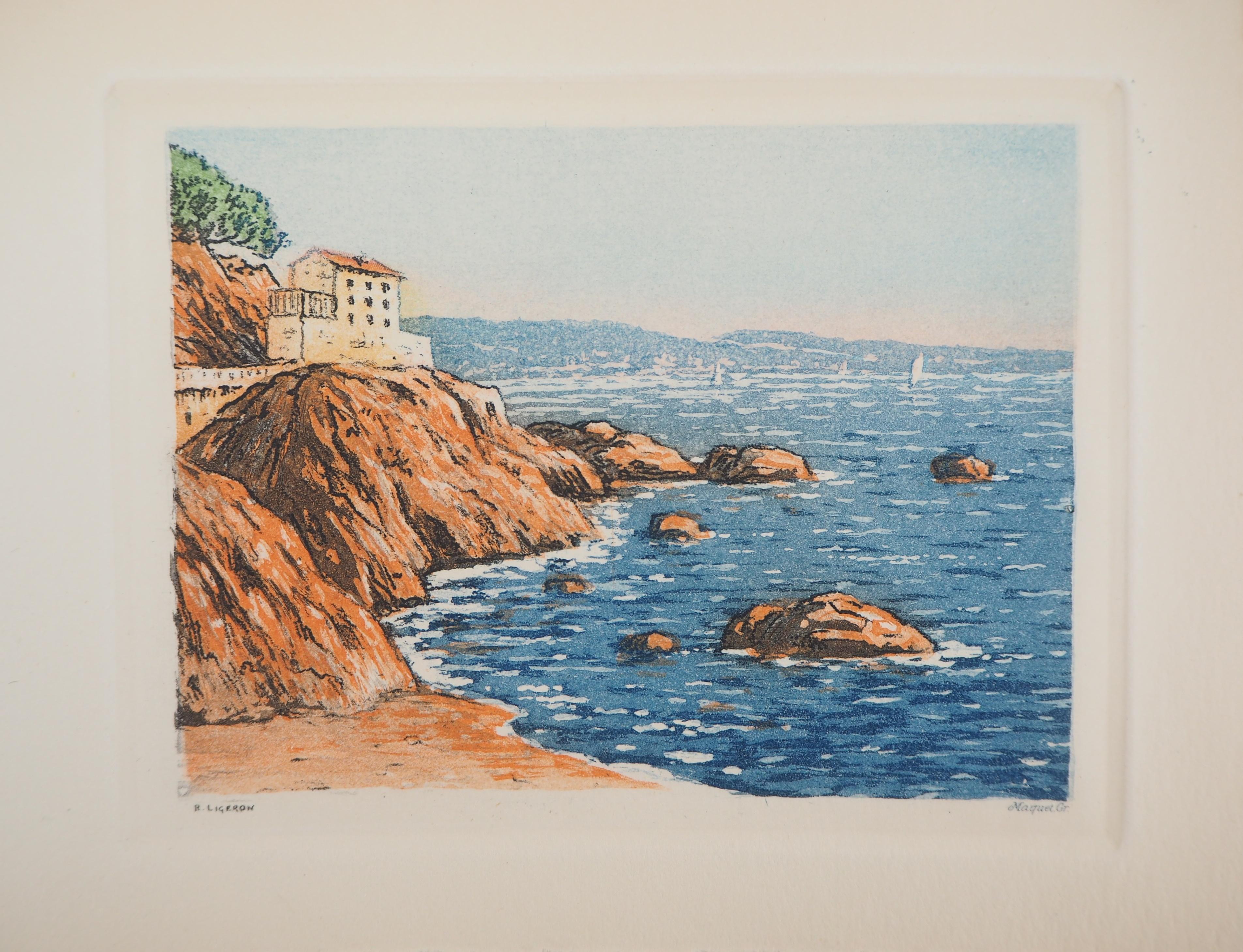 René Ligeron Landscape Print - Mediterranean Sea : The house Near the Beach - Original etching