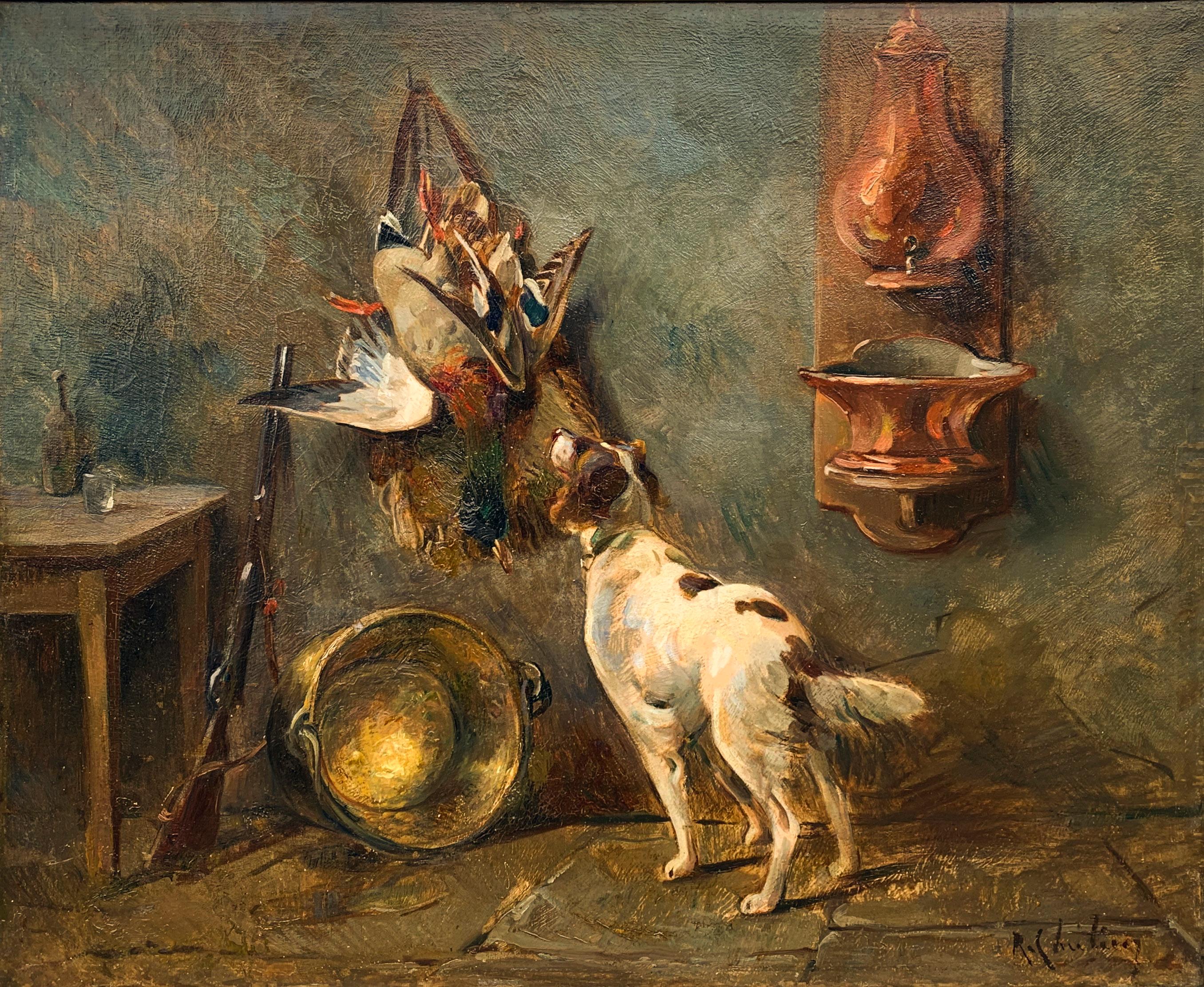 René Louis Crethien - Stillleben der Jagd mit Hund – Painting von René Louis Chrétien