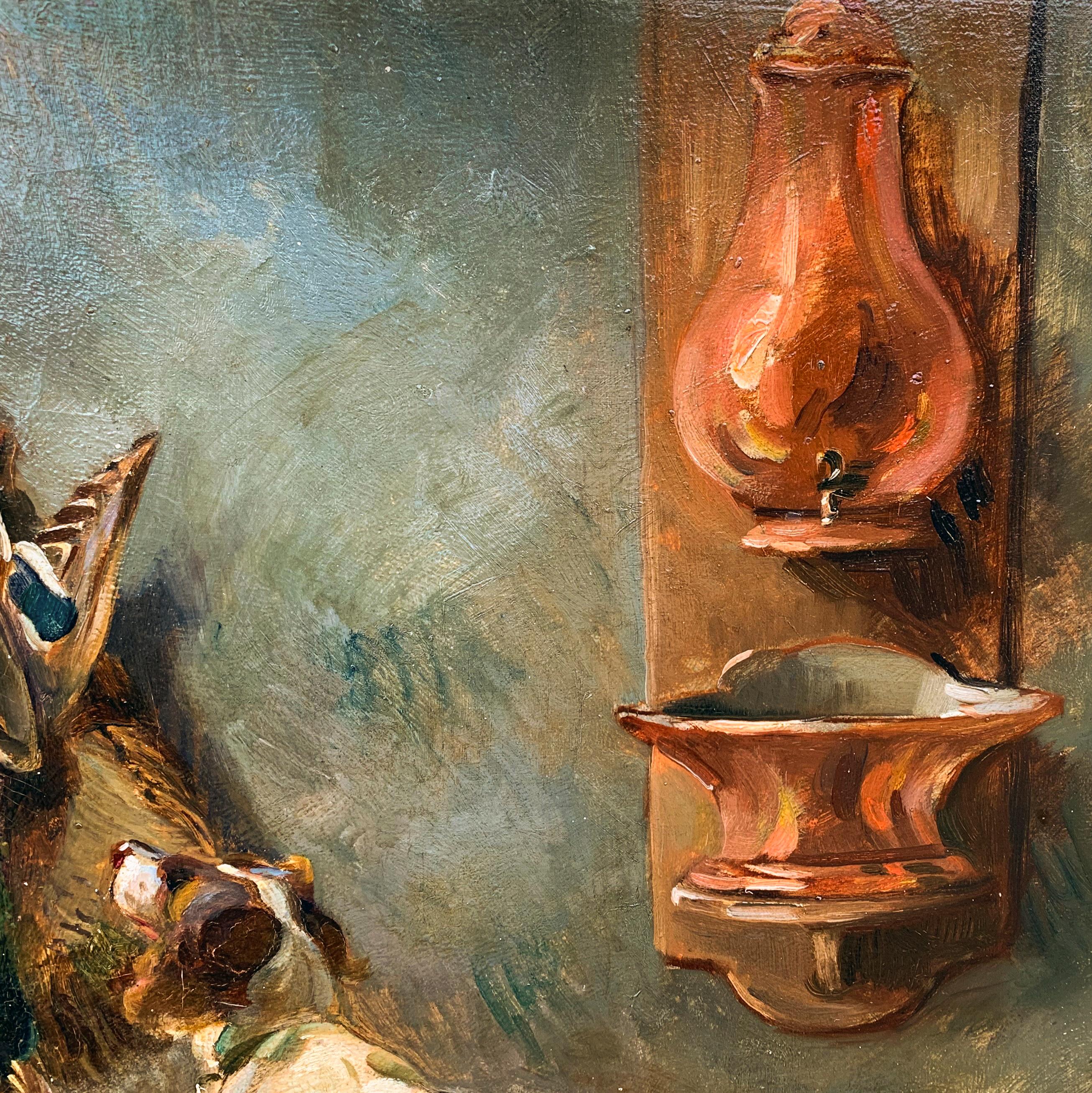 René Louis Crethien - Stillleben der Jagd mit Hund (Braun), Animal Painting, von René Louis Chrétien