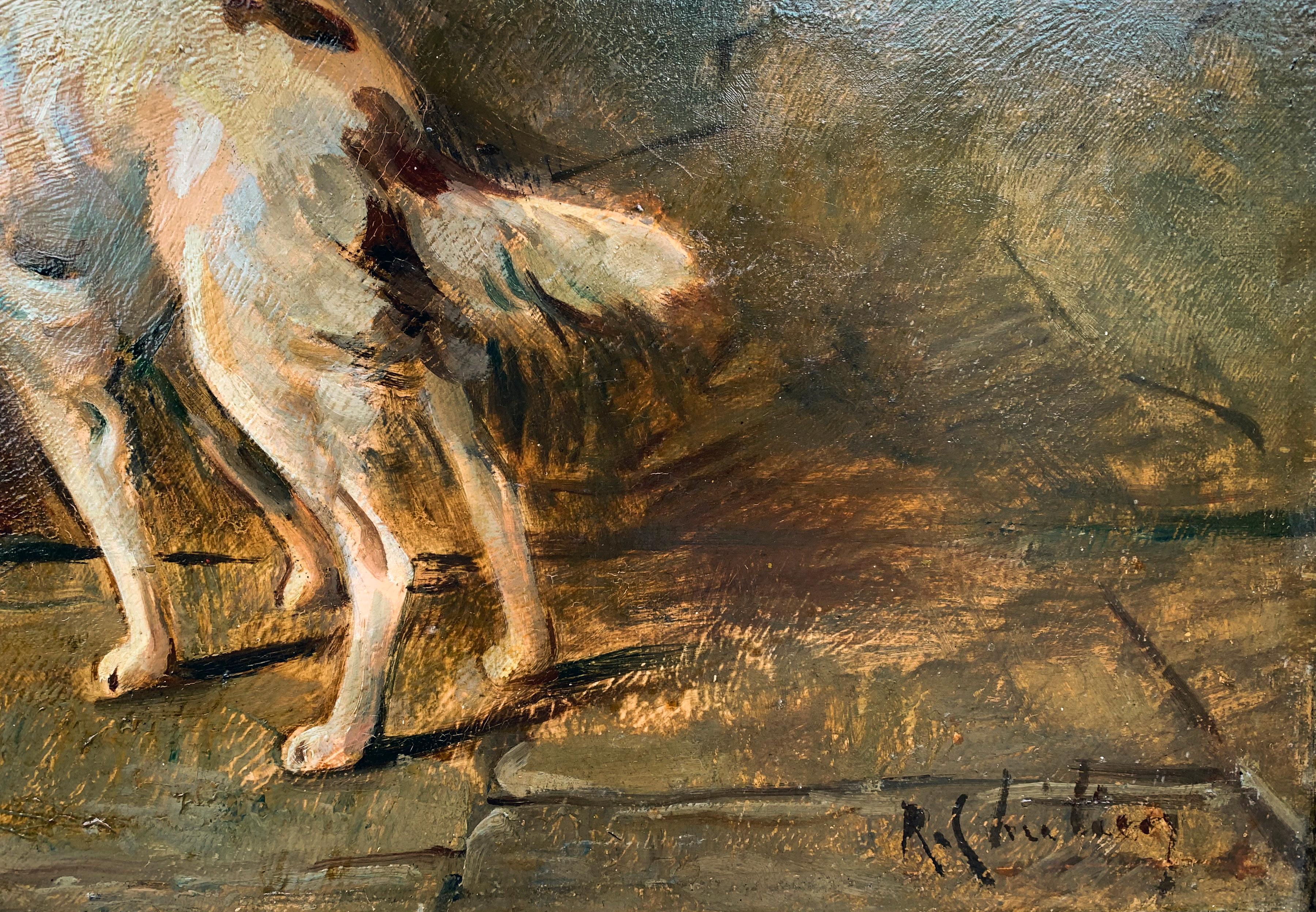 René Louis Chrétien - Stillleben der Jagd mit Hund
Abmessungen ohne Rahmen: 65 × 54 cm
Abmessungen mit Rahmen: 76 × 64 cm
Diese von René Louis Crethien signierte Jagdszene zeigt ein rustikales Interieur, in dem ein Hund aufmerksam einen im