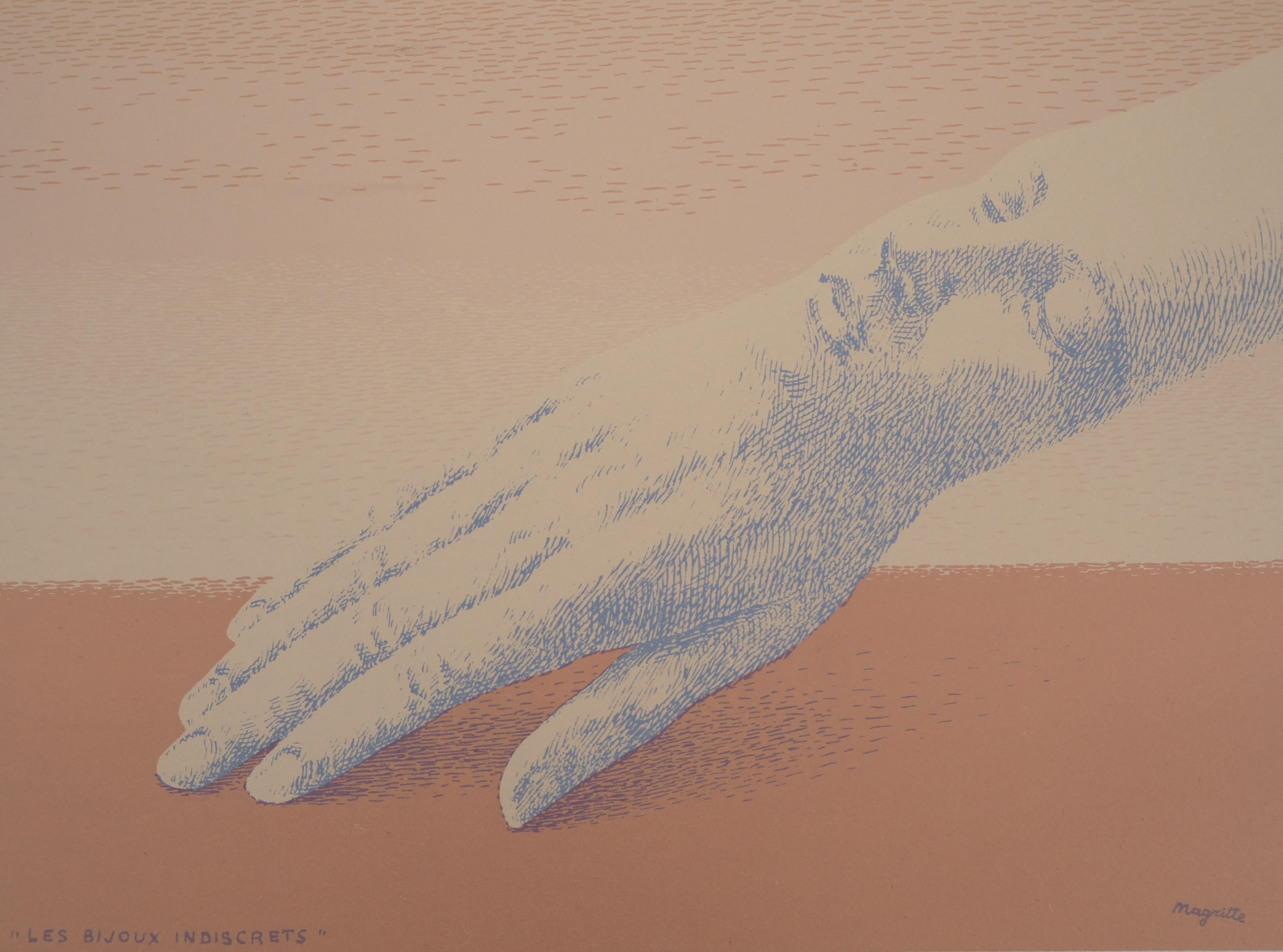 Indiscrete Jewels (Les Bijoux Indiscrets) - Original lithograph [Catalog #3] - Brown Figurative Print by René Magritte