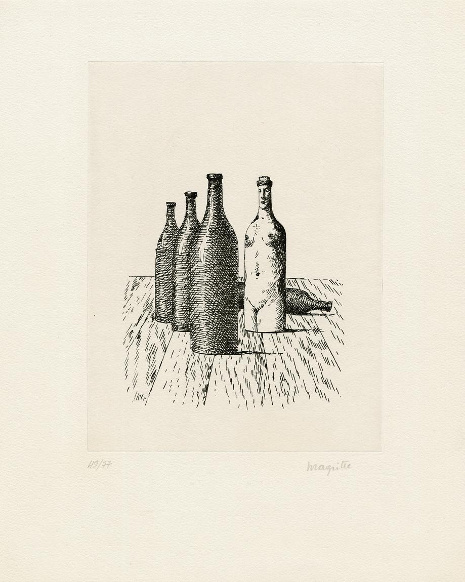 René Magritte Still-Life Print - La Comtesse de Monte Christo - Magritte, Boutteilles, Bottles, black and white