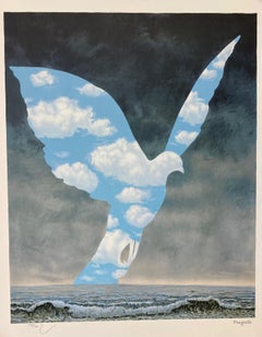 La Grande Famille- original Magritte lithograph, surrealistic landscape