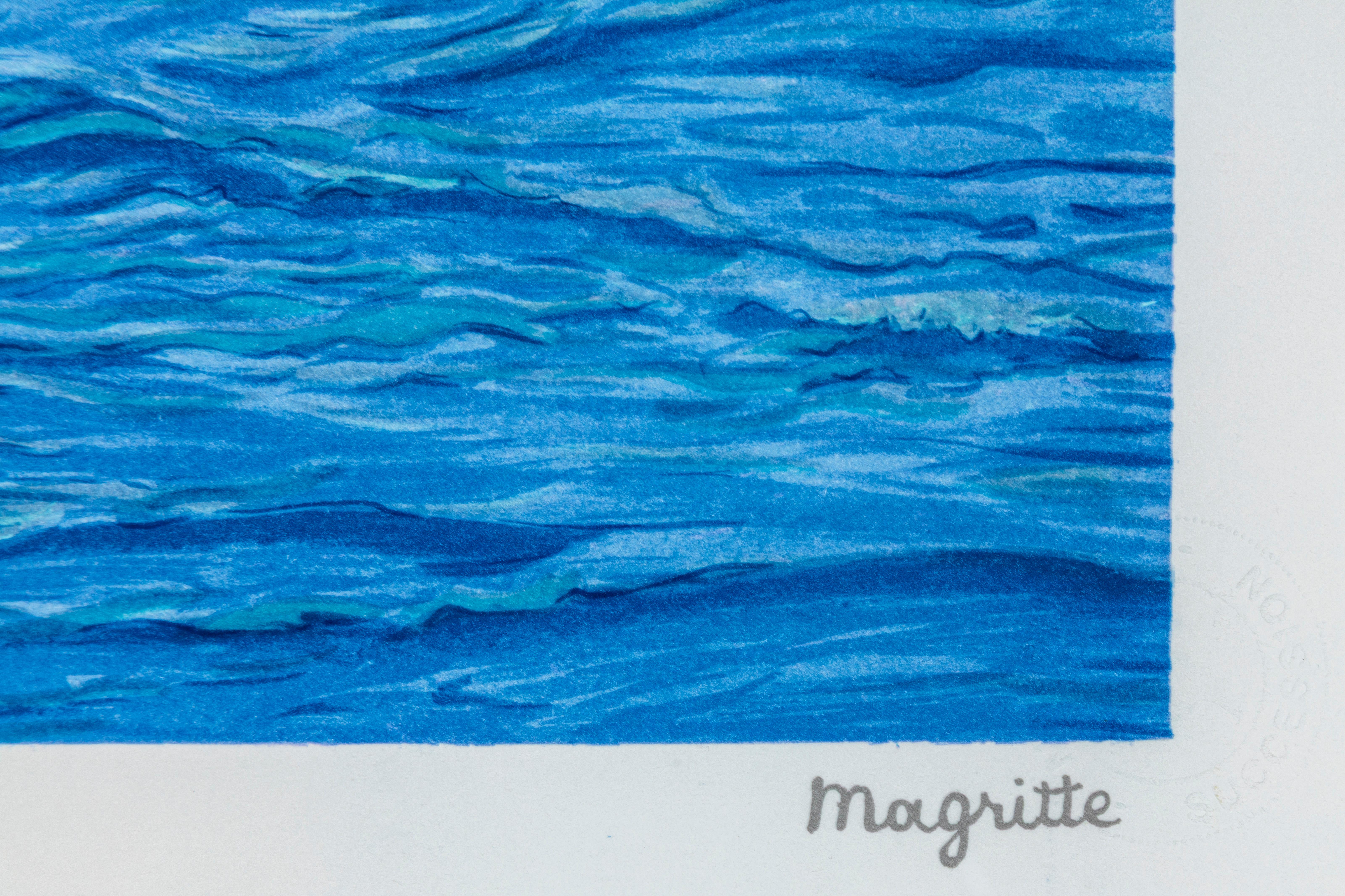 Framed 34.25 x 38.50 in
Color lithograph after the 1951 oil on canvas by René Magritte, plate-signed by Magritte and numbered from the edition of 300. 