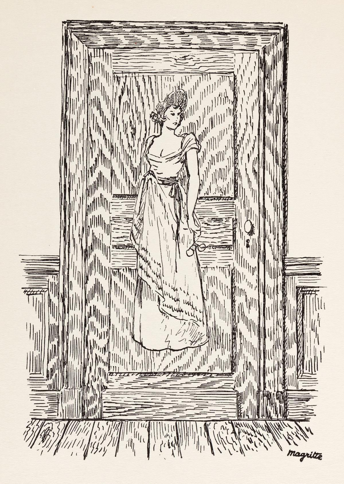 Lithograph on vélin du Marais paper. Paper Size: 11 x 8.25 inches. Inscription: Signed in the plate and unnumbered, as issued. Notes: From the volume, Poèmes 1923-1958. Dix dessins de René Magritte, 1959. Published and printed by Le Terrain Vague,