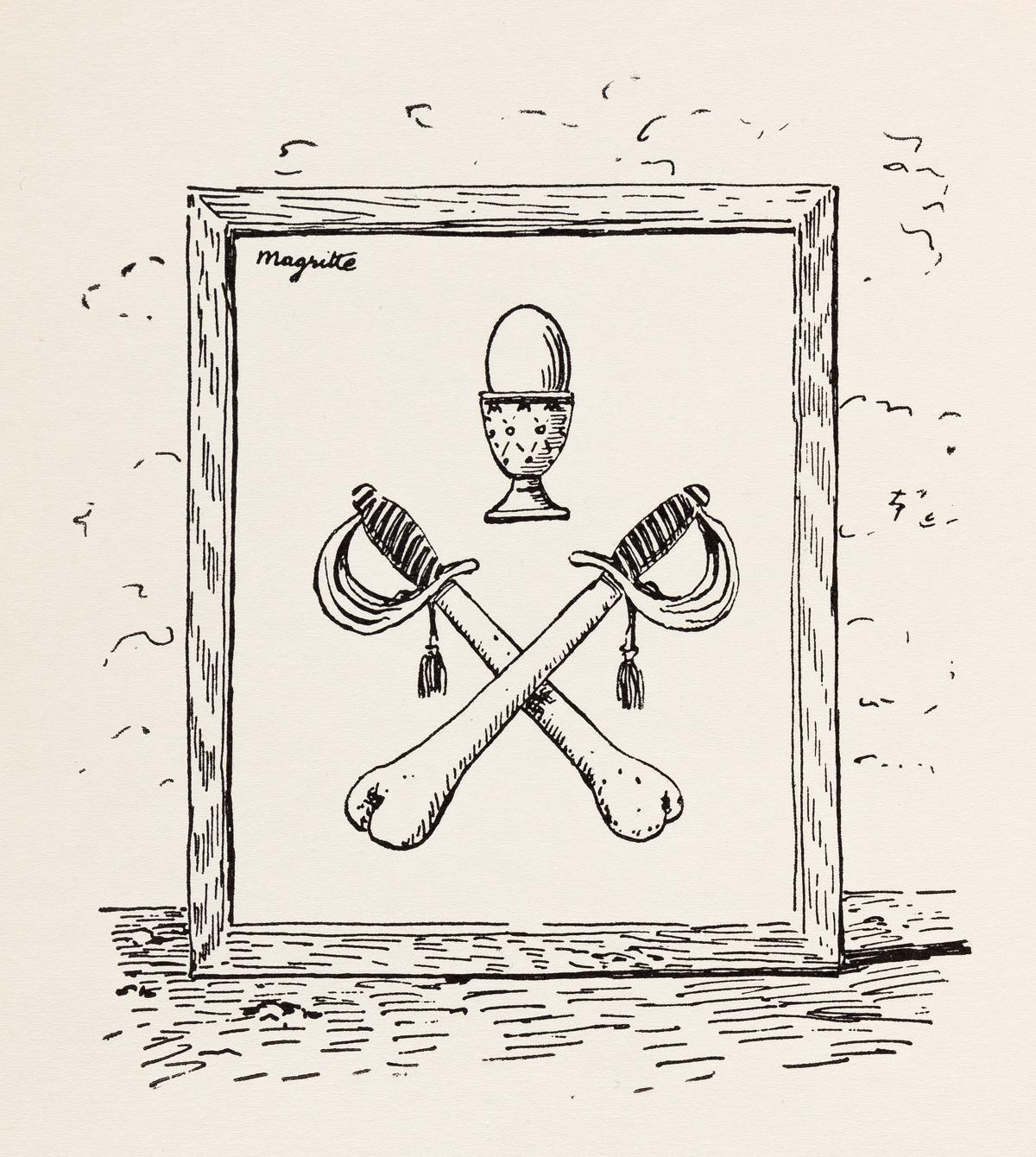 Lithographie sur papier vélin du Marais. Format du papier : 11 x 8.25 pouces. Inscription : Signé dans la plaque et non numéroté, tel que publié. Notes : Extrait du volume Poèmes 1923-1958. Dix dessins de René Magritte, 1959. Publié et imprimé par