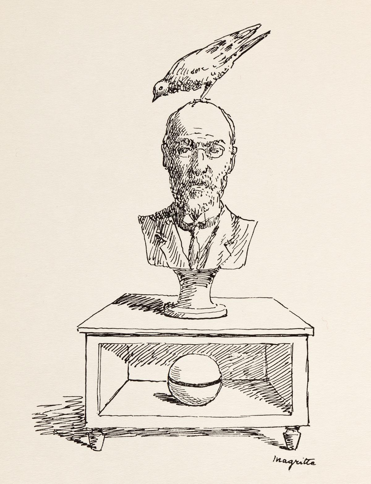 Lithographie sur papier vélin du Marais. Format du papier : 11 x 8.25 pouces. Inscription : Signé dans la plaque et non numéroté, tel que publié. Notes : Extrait du volume Poèmes 1923-1958. Dix dessins de René Magritte, 1959. Publié et imprimé par
