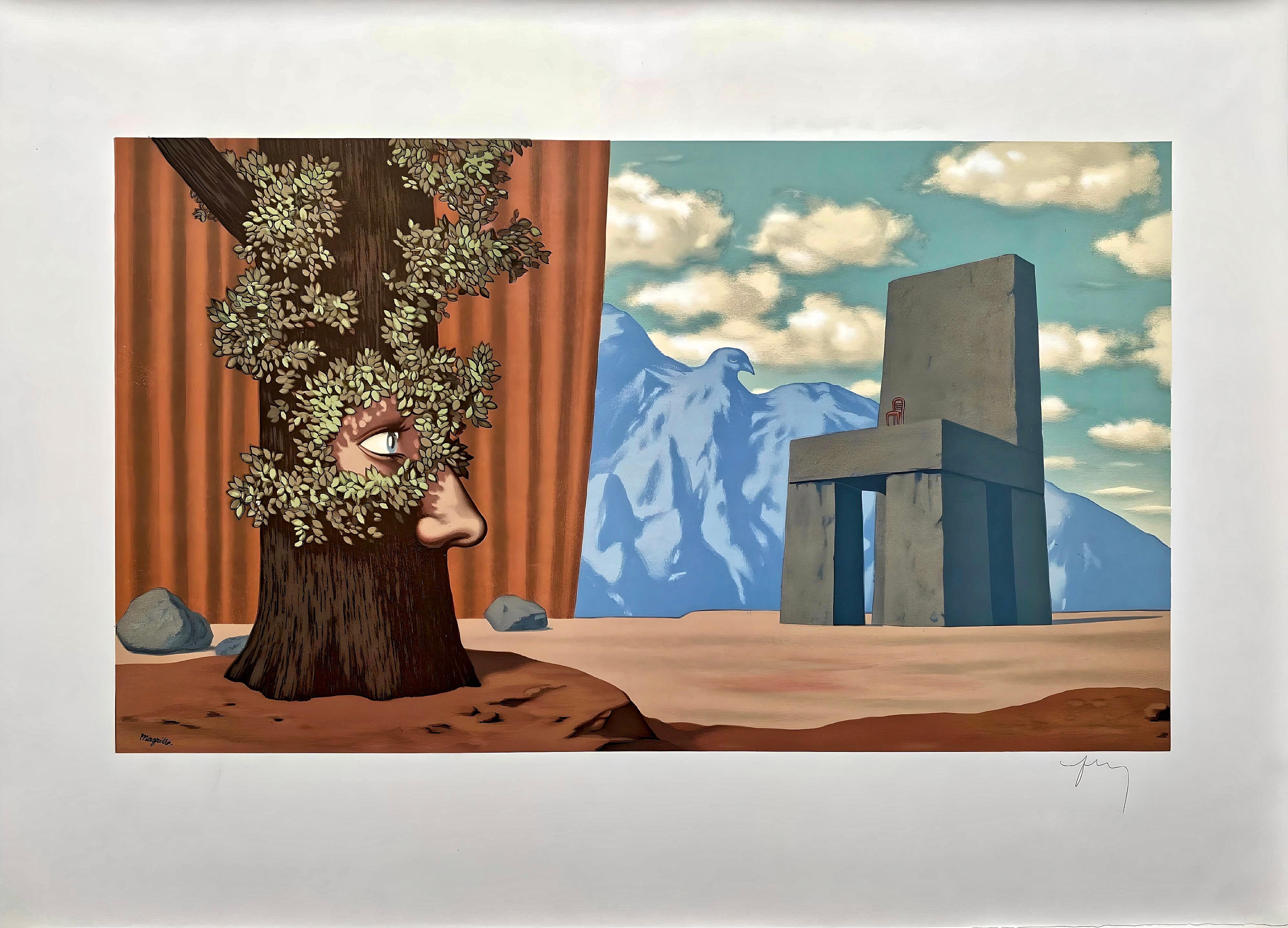 Magritte, Les Claires-Voies d'un Jeune Regard Embaument la Fête d'un Vie (dopo) - Still-Life Print Marrone di René Magritte