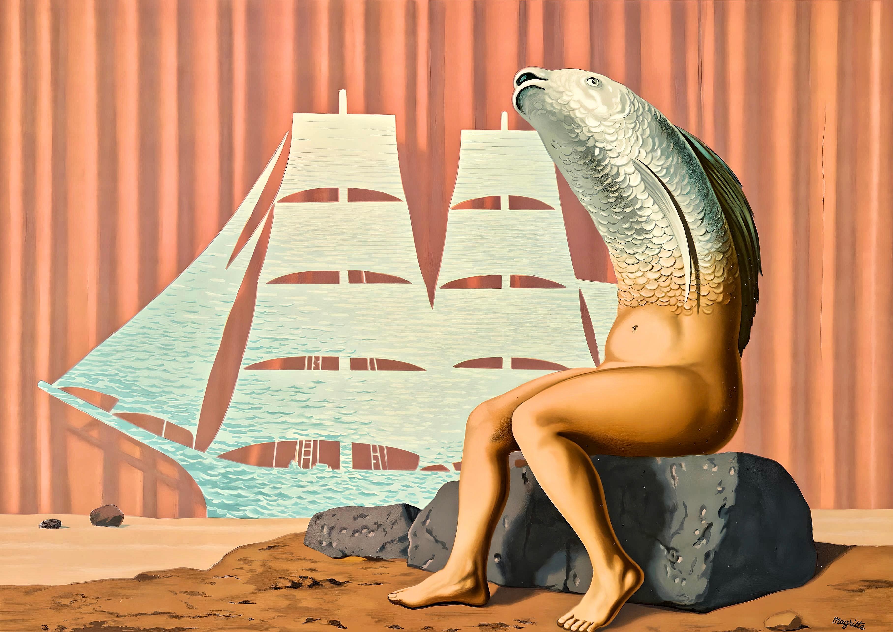 René Magritte Landscape Print - Magritte, Un Séduisant Navire d'eau de Mer (after)