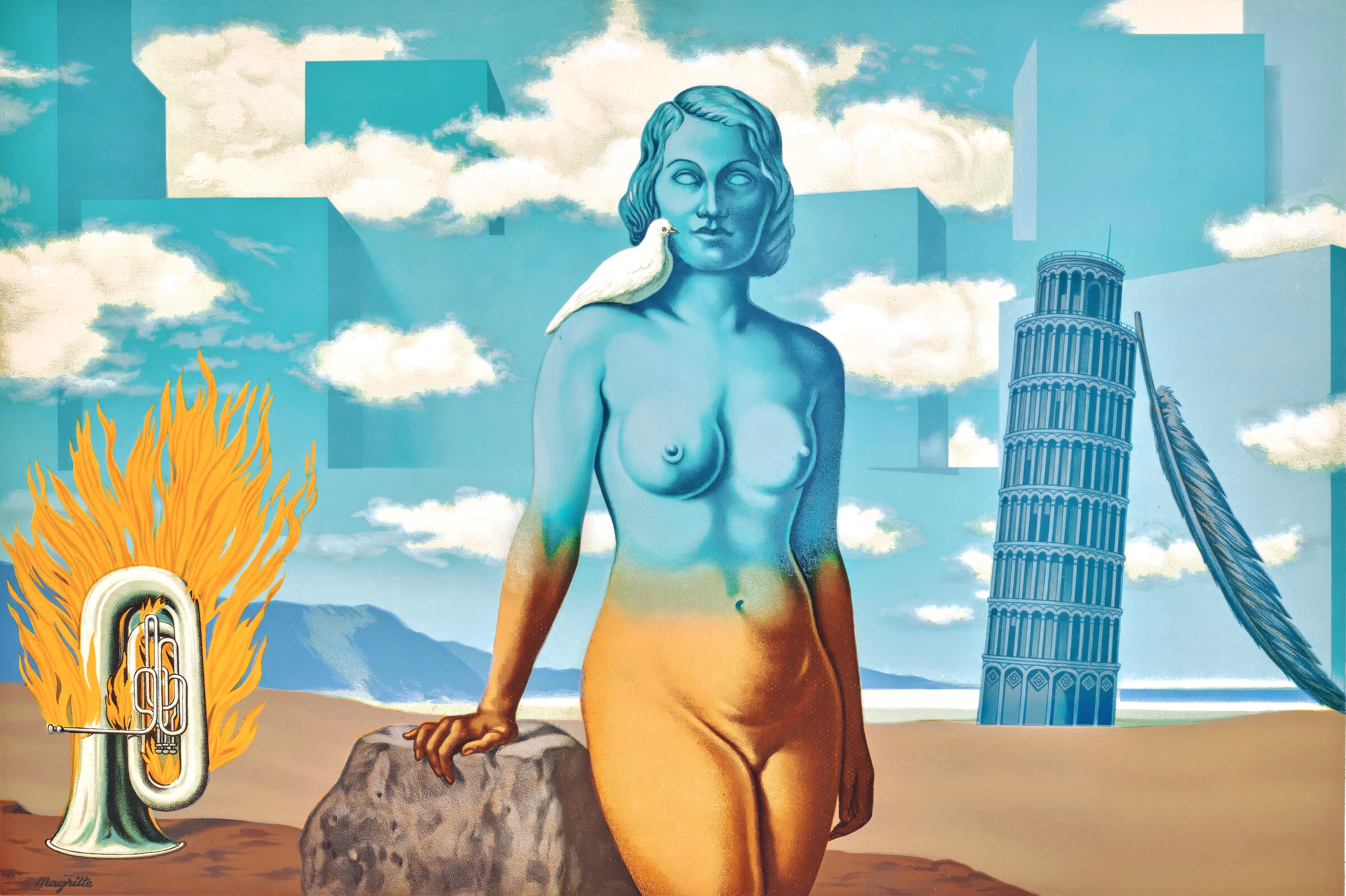 René Magritte Nude Print - Rene Magritte, A Bombardon Releases its Bouquet of Flames, 1968 (after)