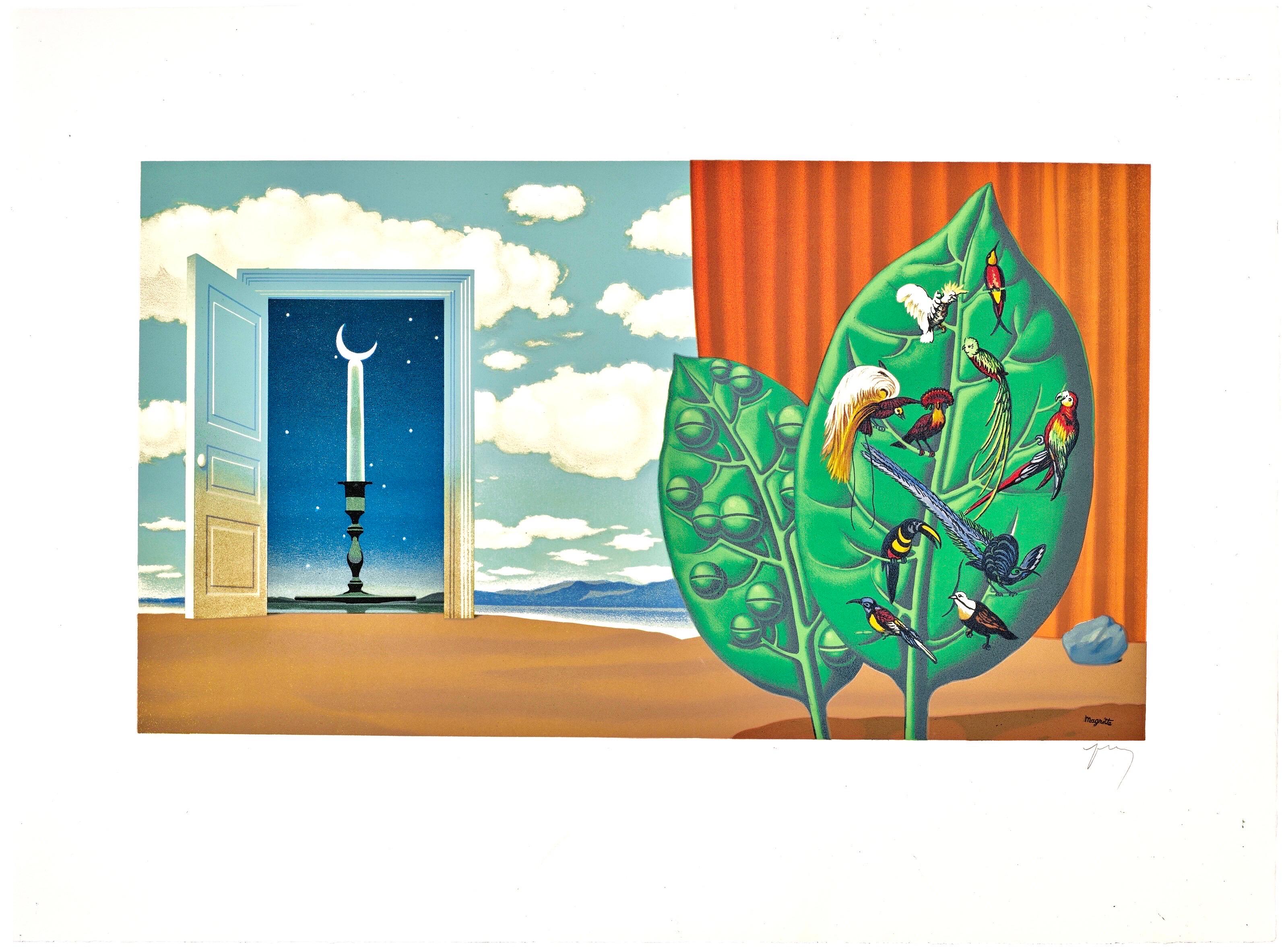 This exquisite lithograph after Rene Magritte (1898–1967), titled Une Porte souvre sur la Nuit Veloutee (A Door Opens onto the Velvety Night), from the folio Les Enfants Trouves de Magritte (The Found Children of Magritte), 1968, originates from the