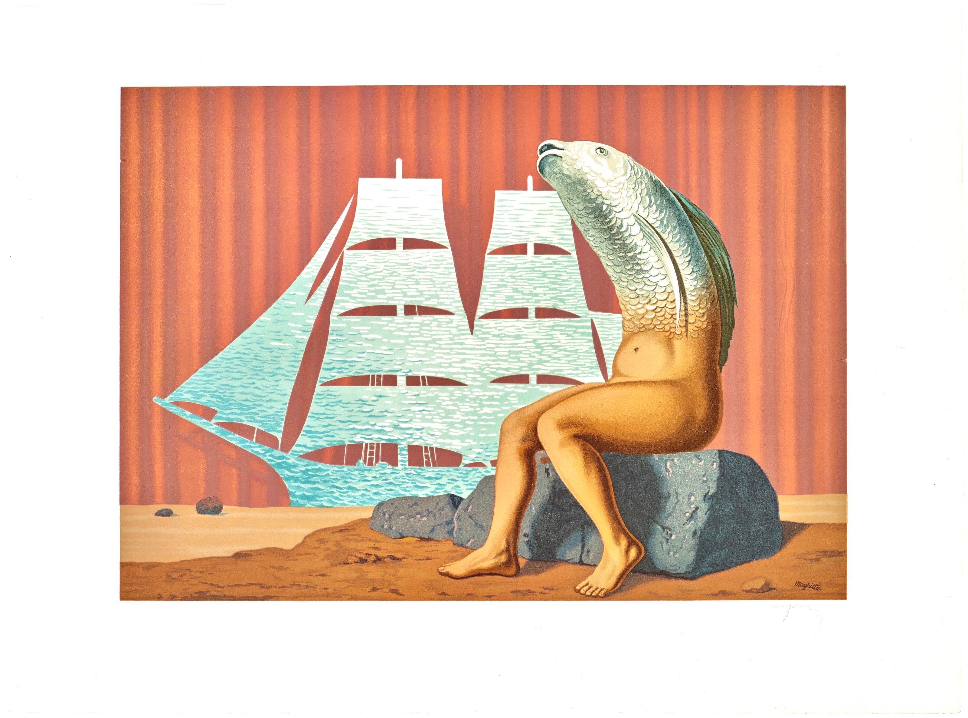Diese exquisite Lithografie nach Rene Magritte (1898-1967) mit dem Titel Un Seduisant Navire deau de Mer (Ein verführerisches Schiff auf dem Meer), aus dem Folio Les Enfants Trouves de Magritte (Die gefundenen Kinder von Magritte), 1968, stammt aus