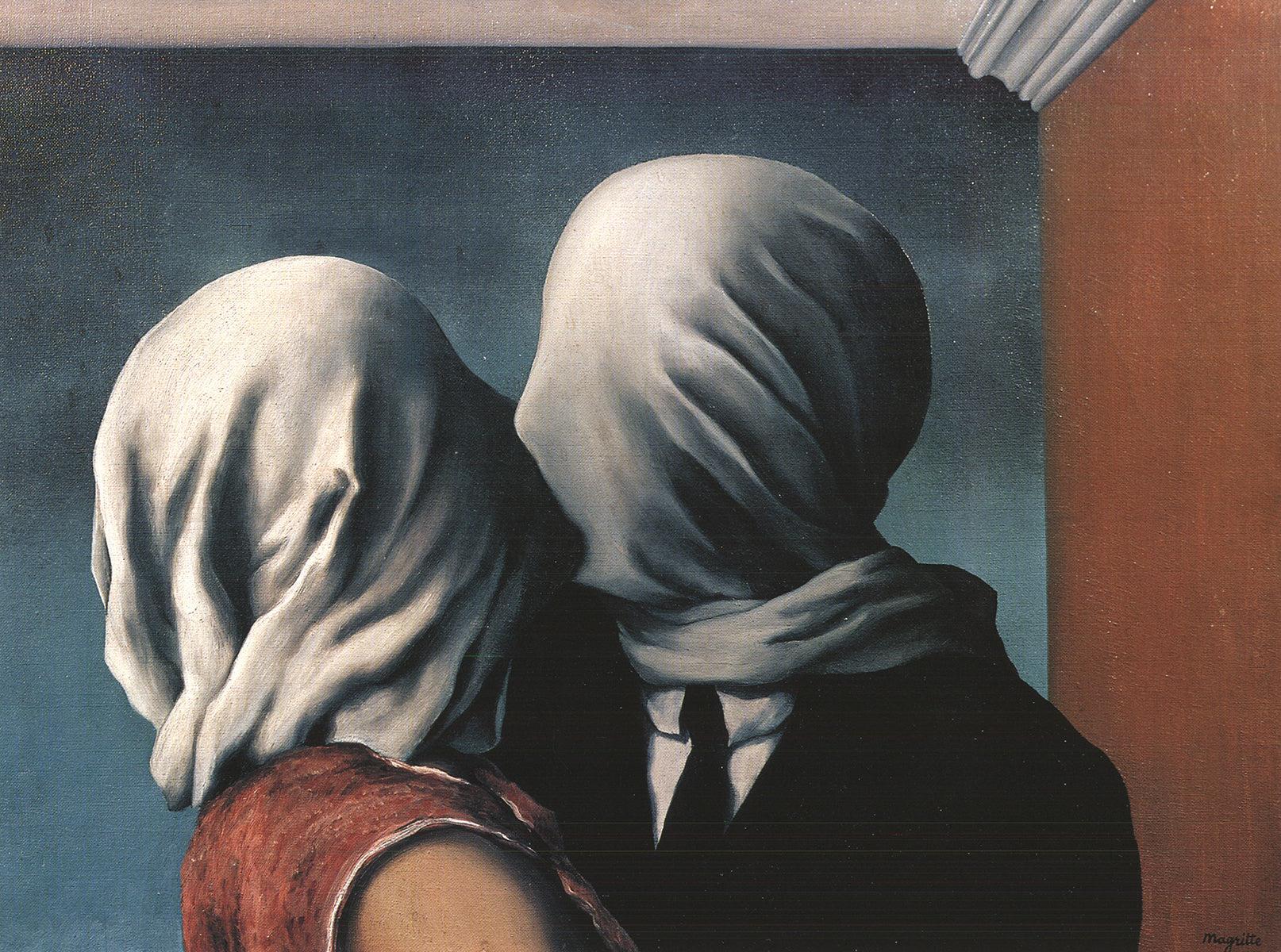Les Amants by René Magritte is elegantly framed in a sleek black metal frame with a 3/8-inch front profile and a 7/8-inch side profile. The overall dimensions are approximately 8.5 x 11 x 7/8 inches, making it a captivating piece that adds a touch